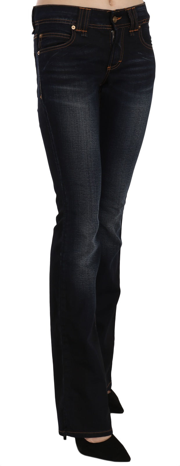 Blue Washed Mid Waist Regular Leg Boot Cut Denim Jeans