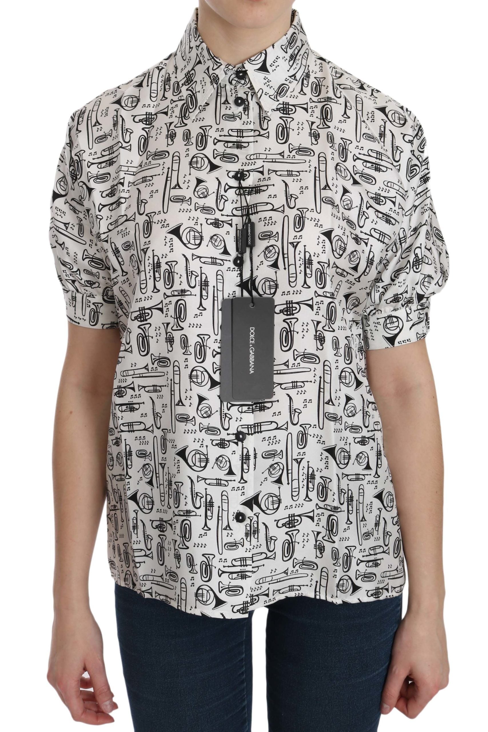 White Musical Instrument Collared Blouse Shirt