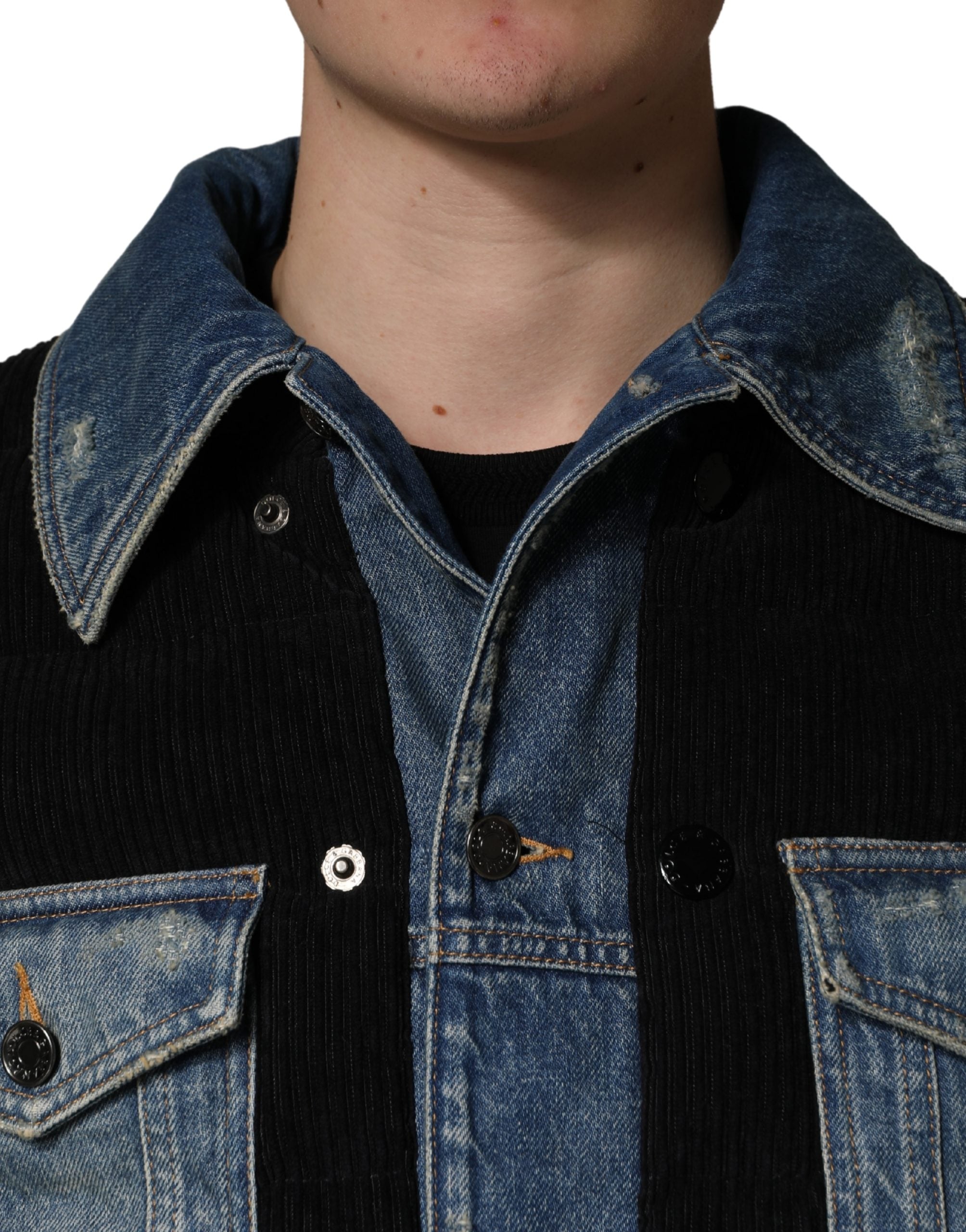 Black Blue Cotton Denim Blouson Men Jacket