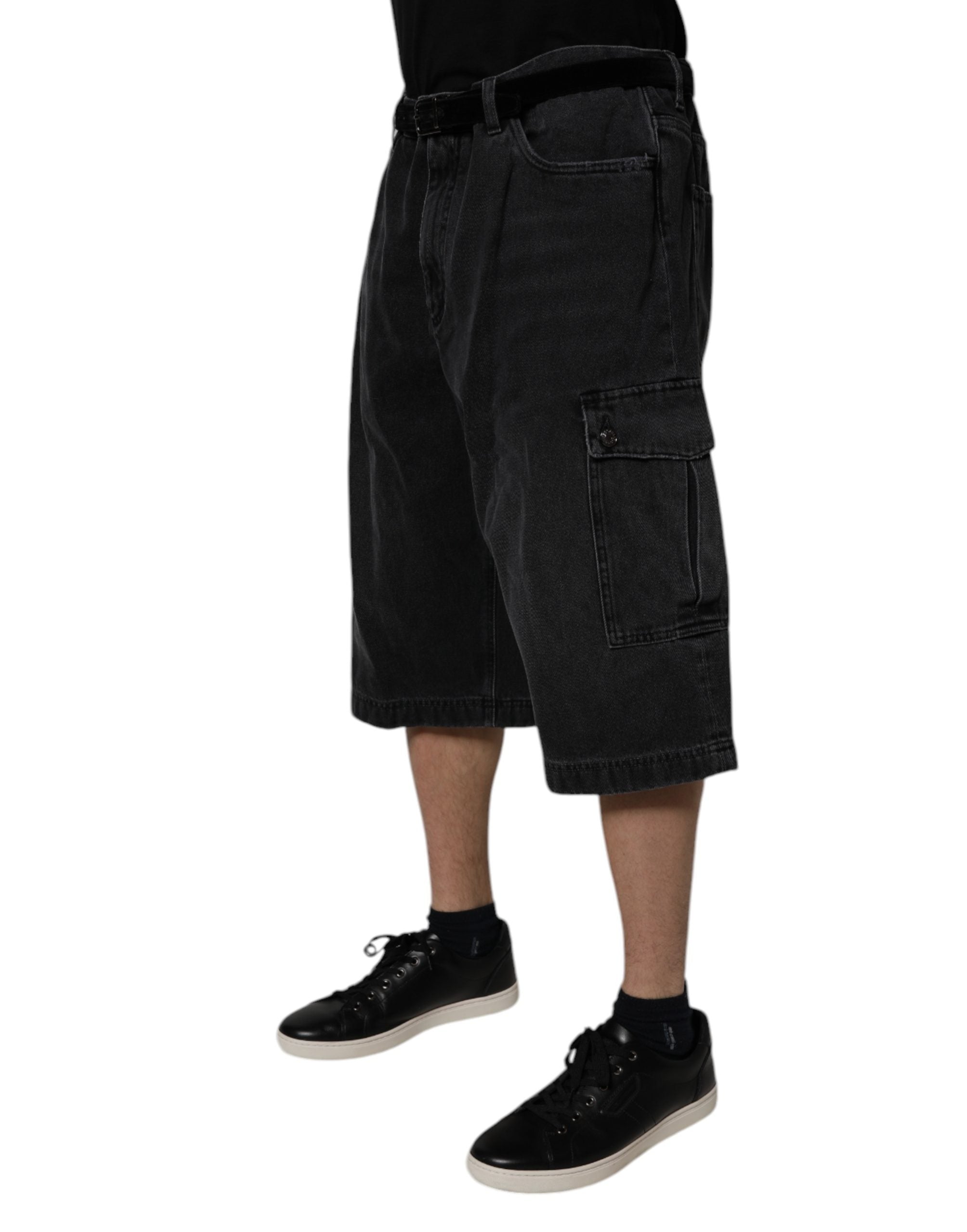 Black Mid Waist Denim Cargo Bermuda Shorts