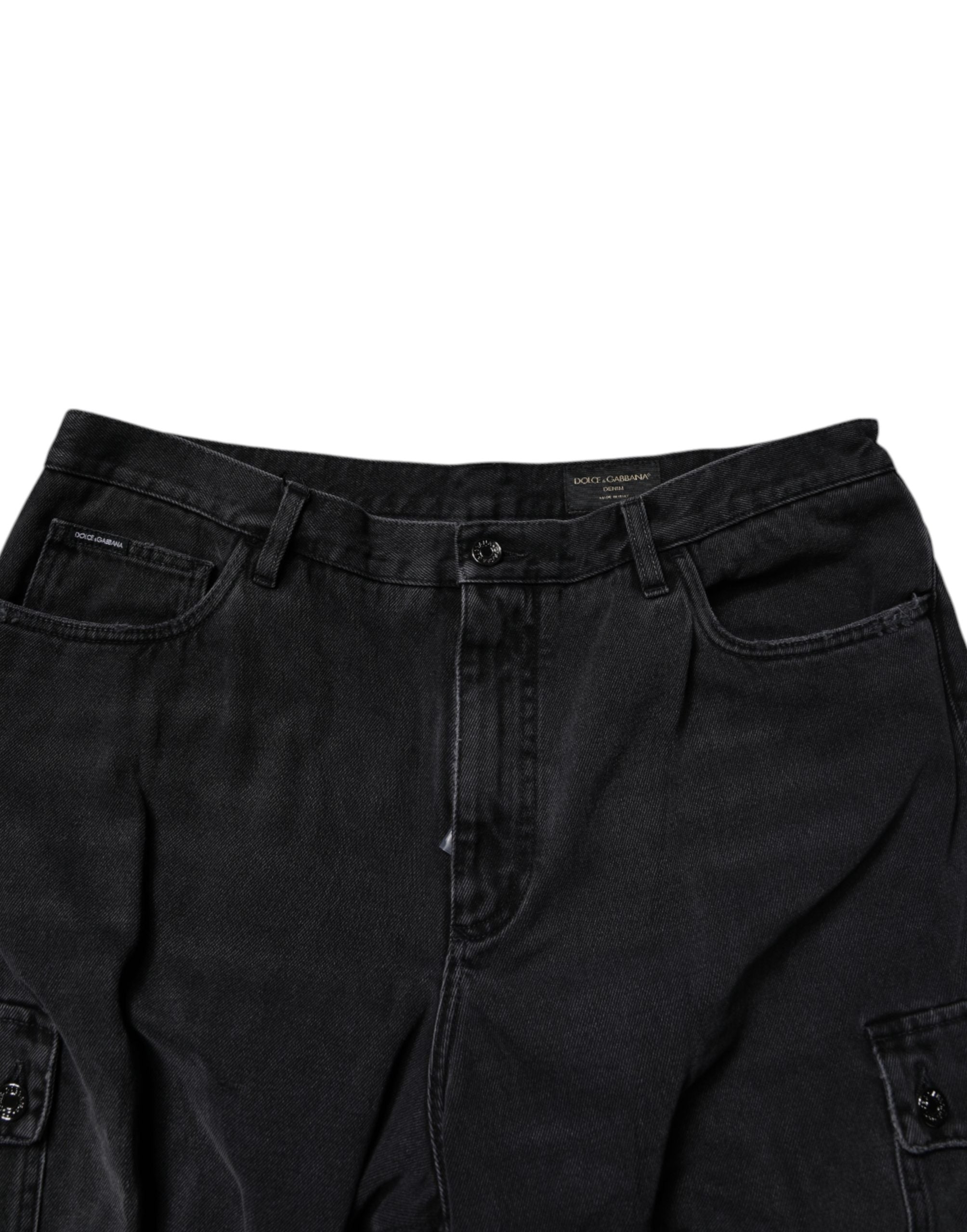 Black Mid Waist Denim Cargo Bermuda Shorts