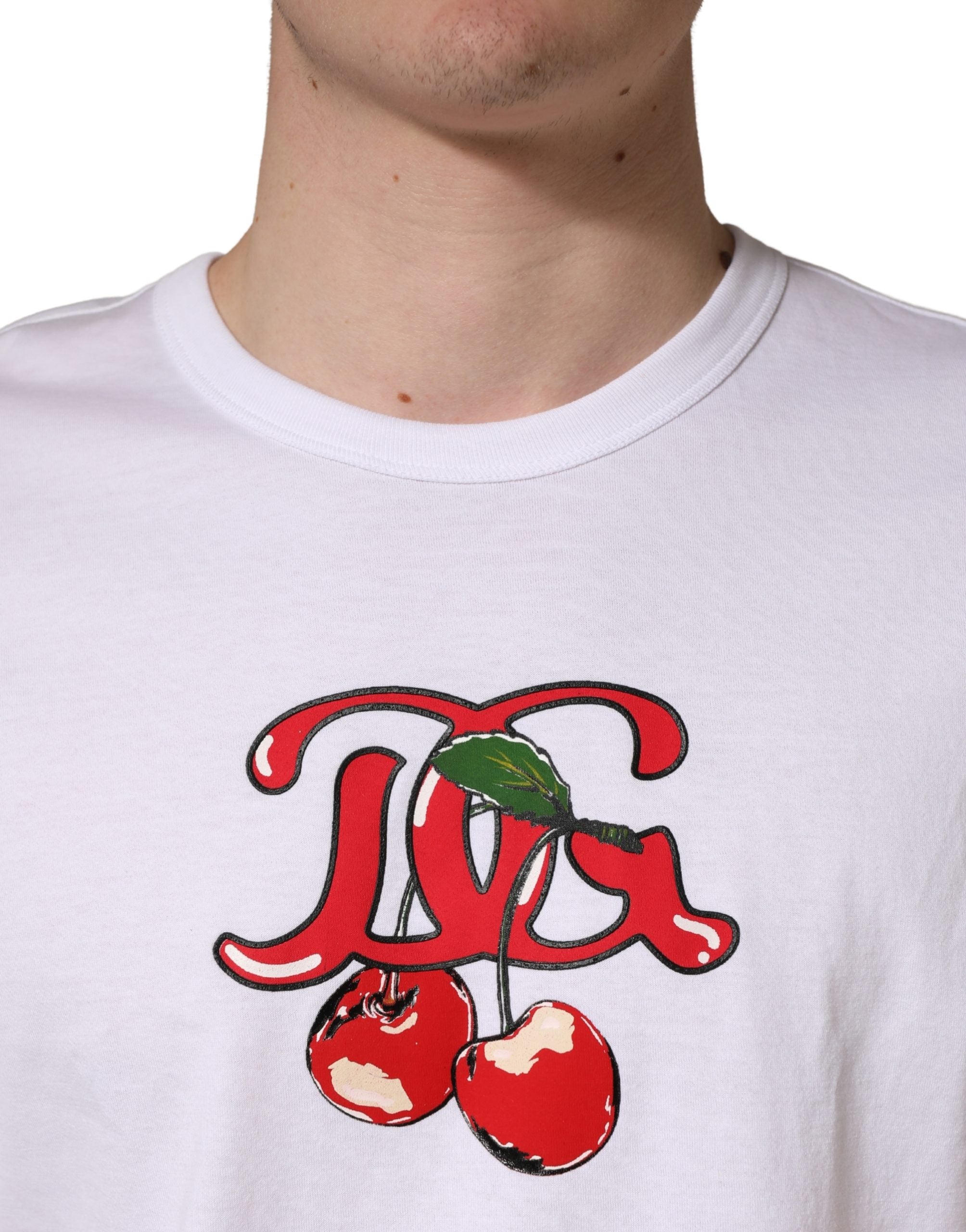 White DG Cherries Cotton Crew Neck T-shirt