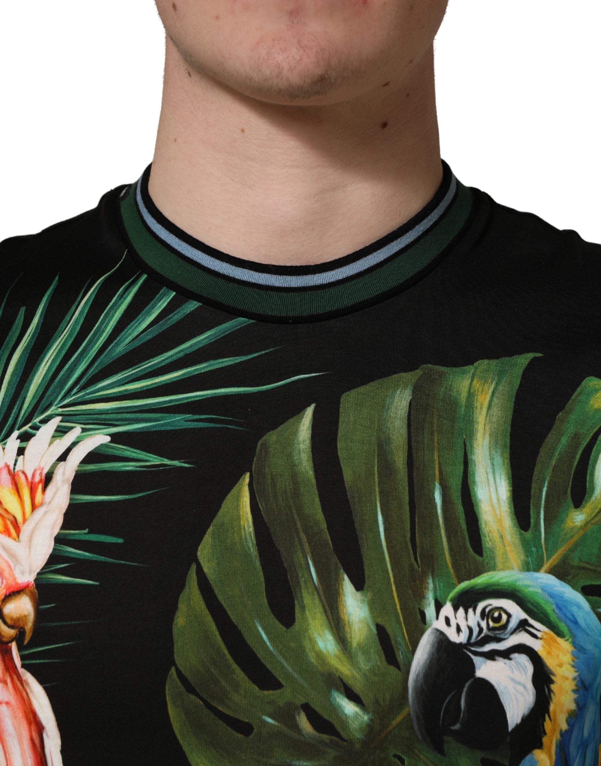 Black Bird Print Cotton Men Crew Neck T-shirt