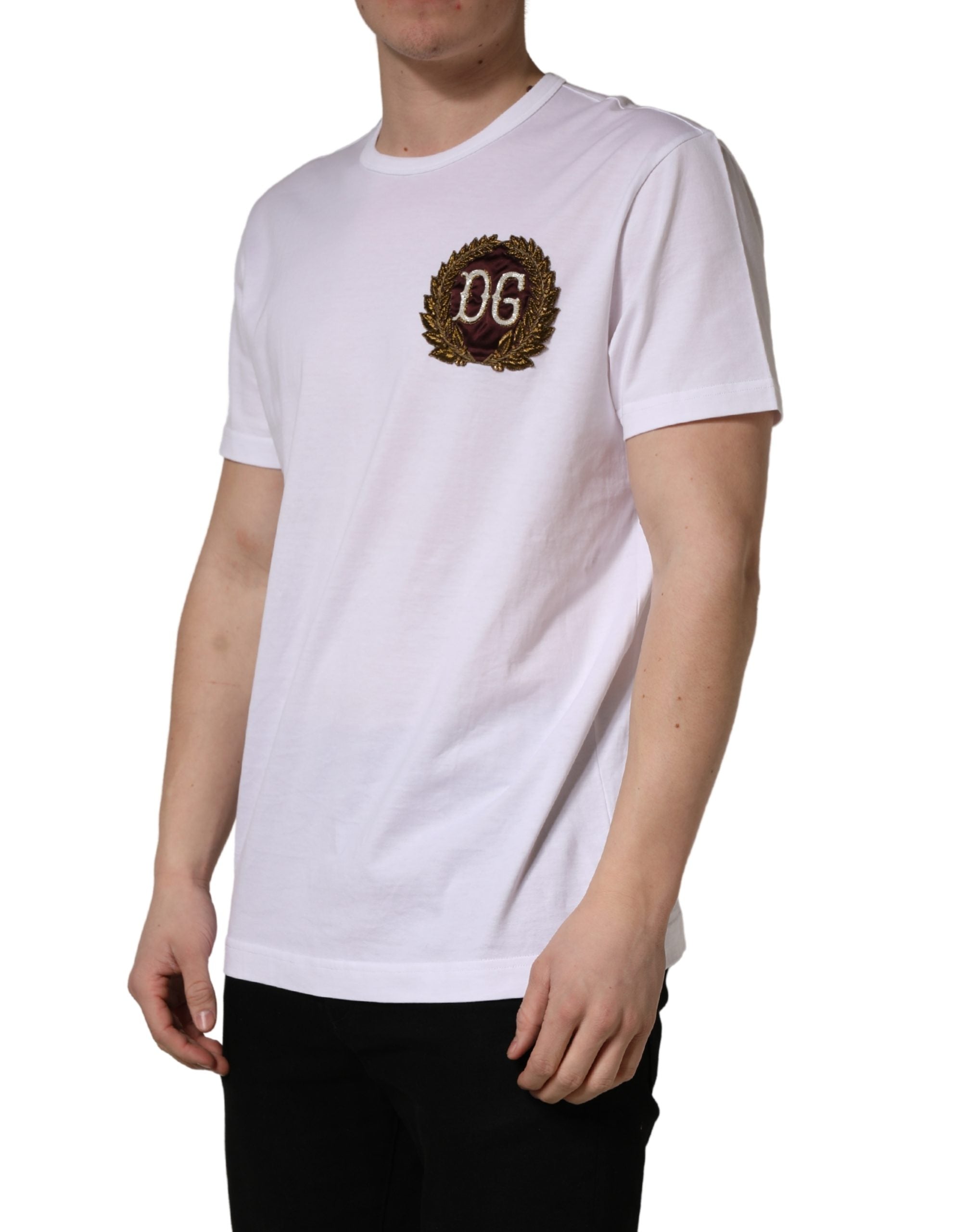 White DG Leaf Embroidery Crew Neck T-shirt