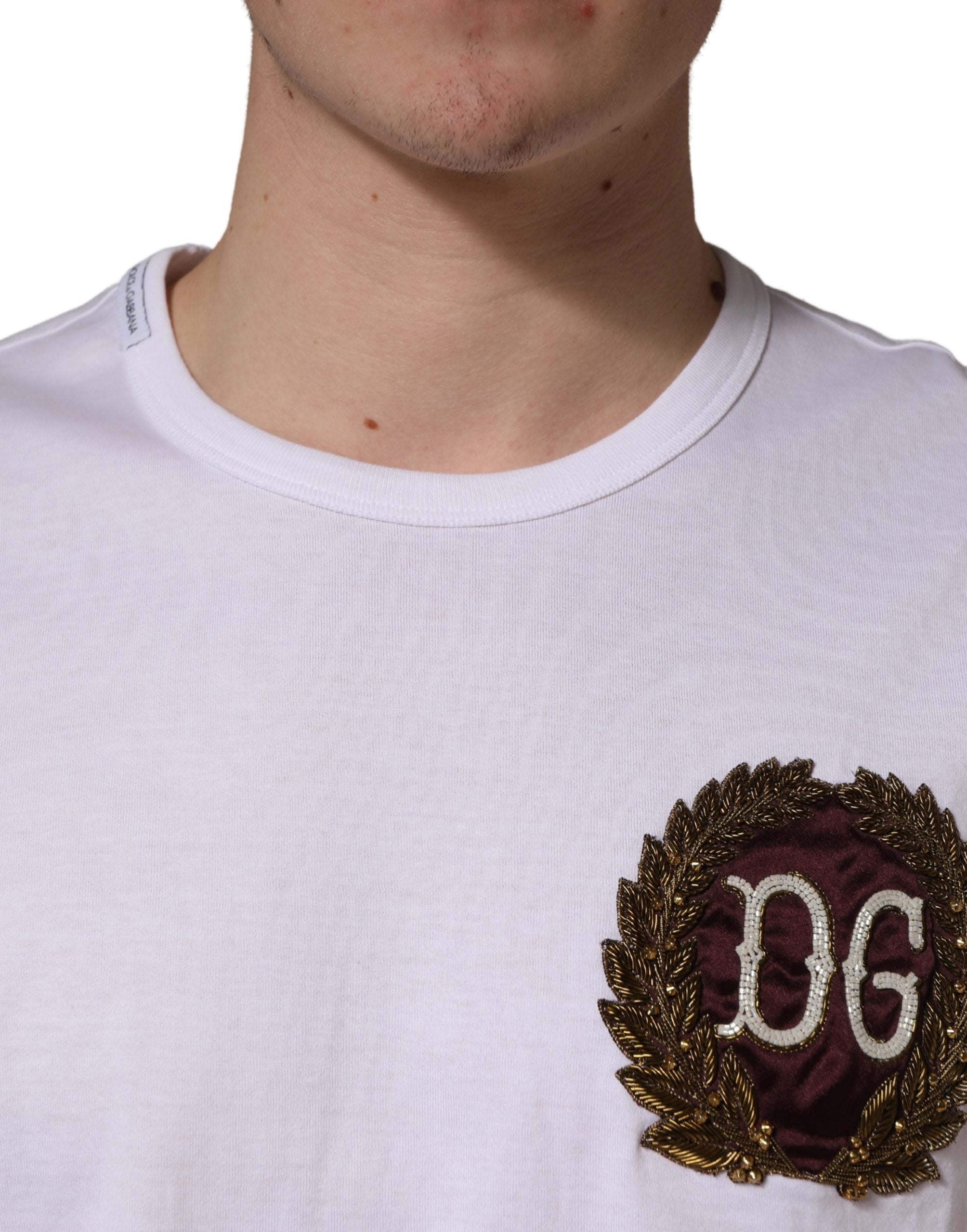 White DG Leaf Embroidery Crew Neck T-shirt