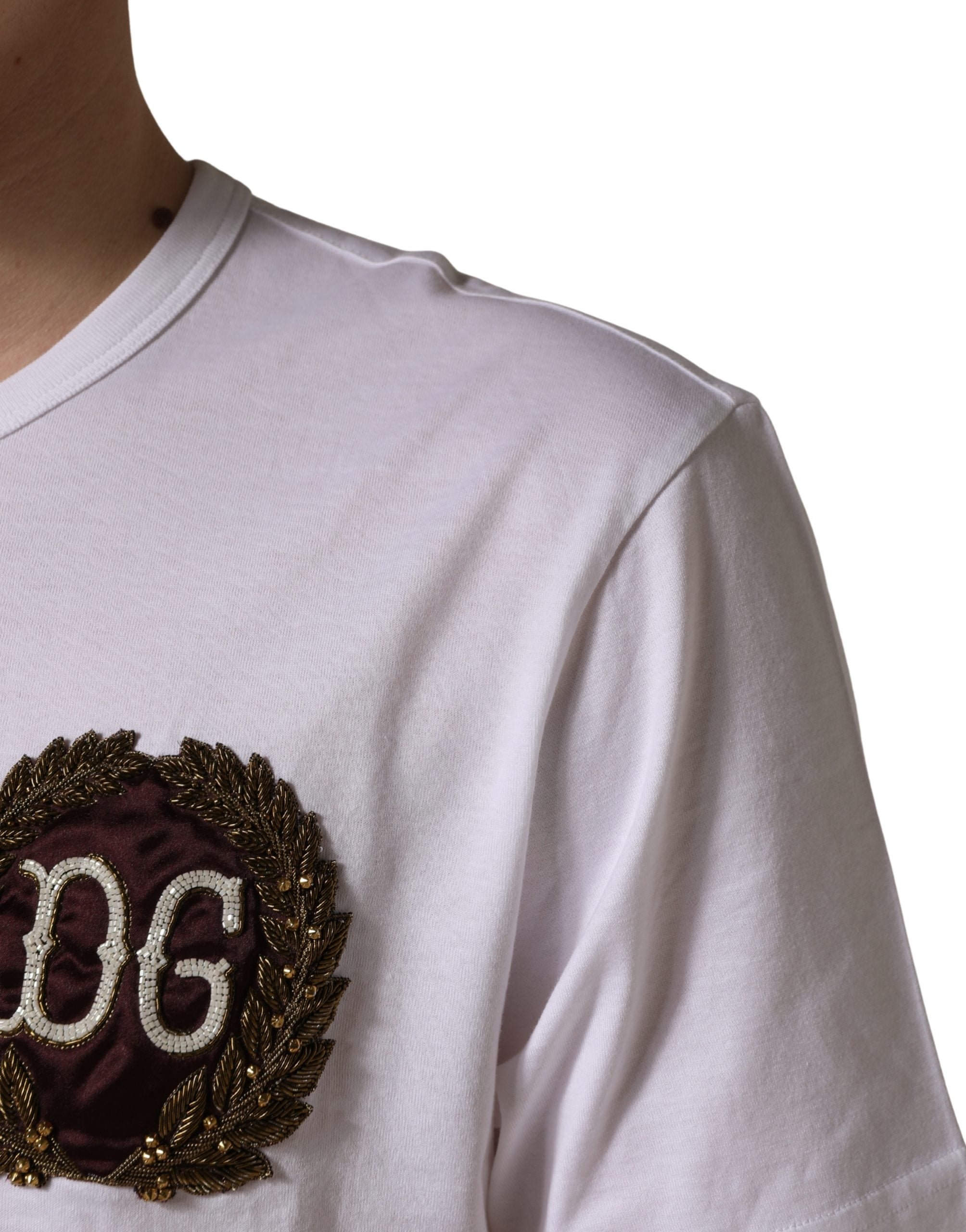 White DG Leaf Embroidery Crew Neck T-shirt