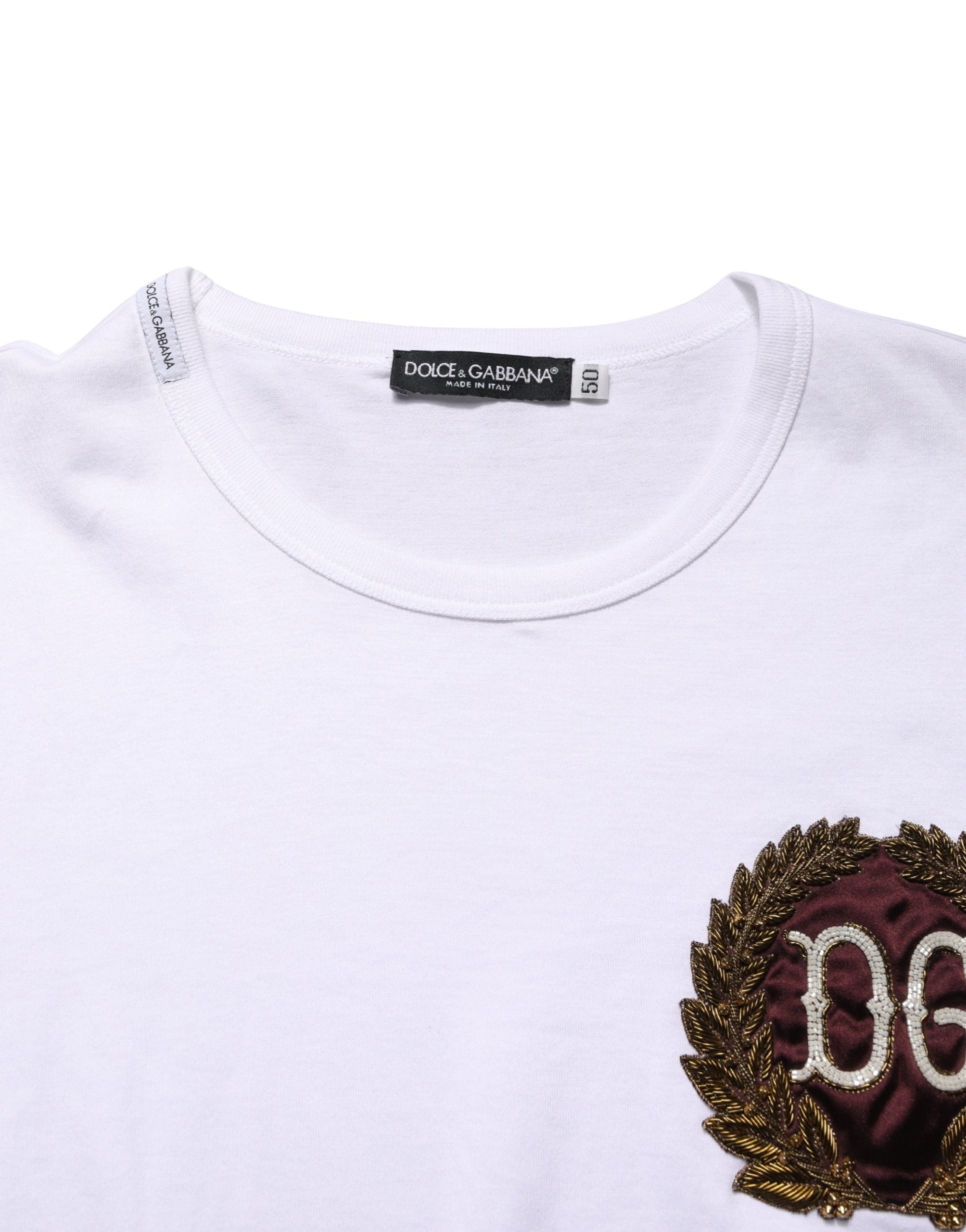 White DG Leaf Embroidery Crew Neck T-shirt
