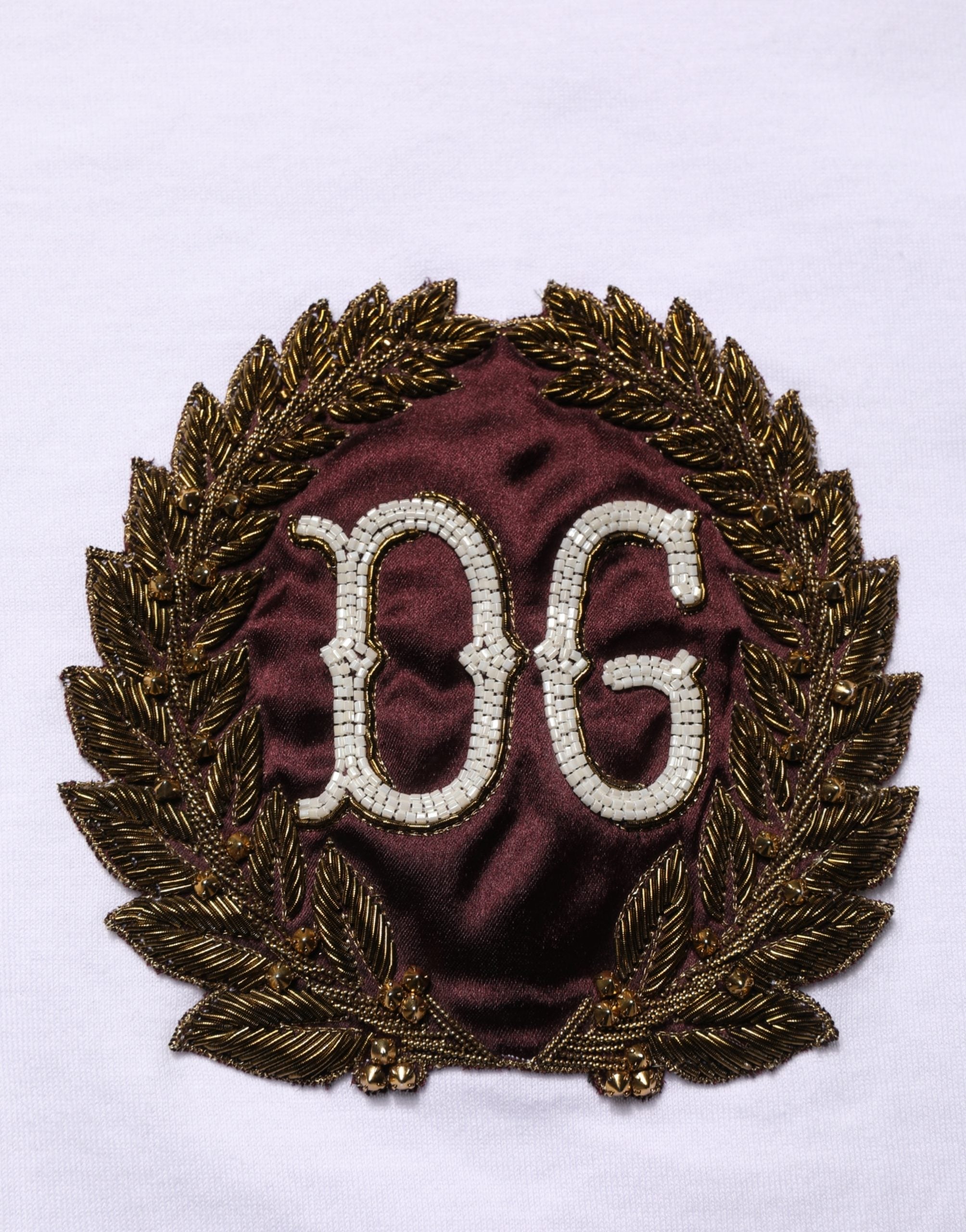 White DG Leaf Embroidery Crew Neck T-shirt