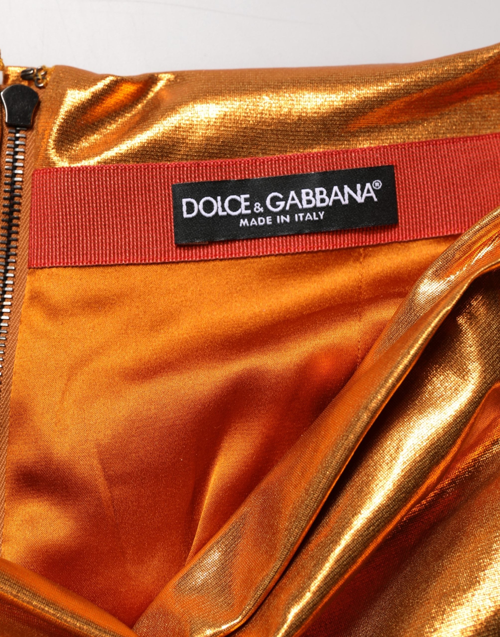 Metallic Orange Ruched Lame Bodycon Mini Skirt