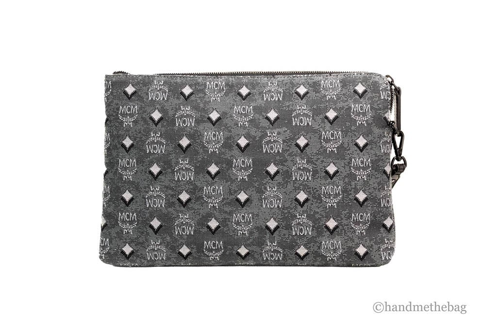 MCM Veritas Medium Dark Grey Denim Monogram Logo Canvas Clutch Pouch Handbag