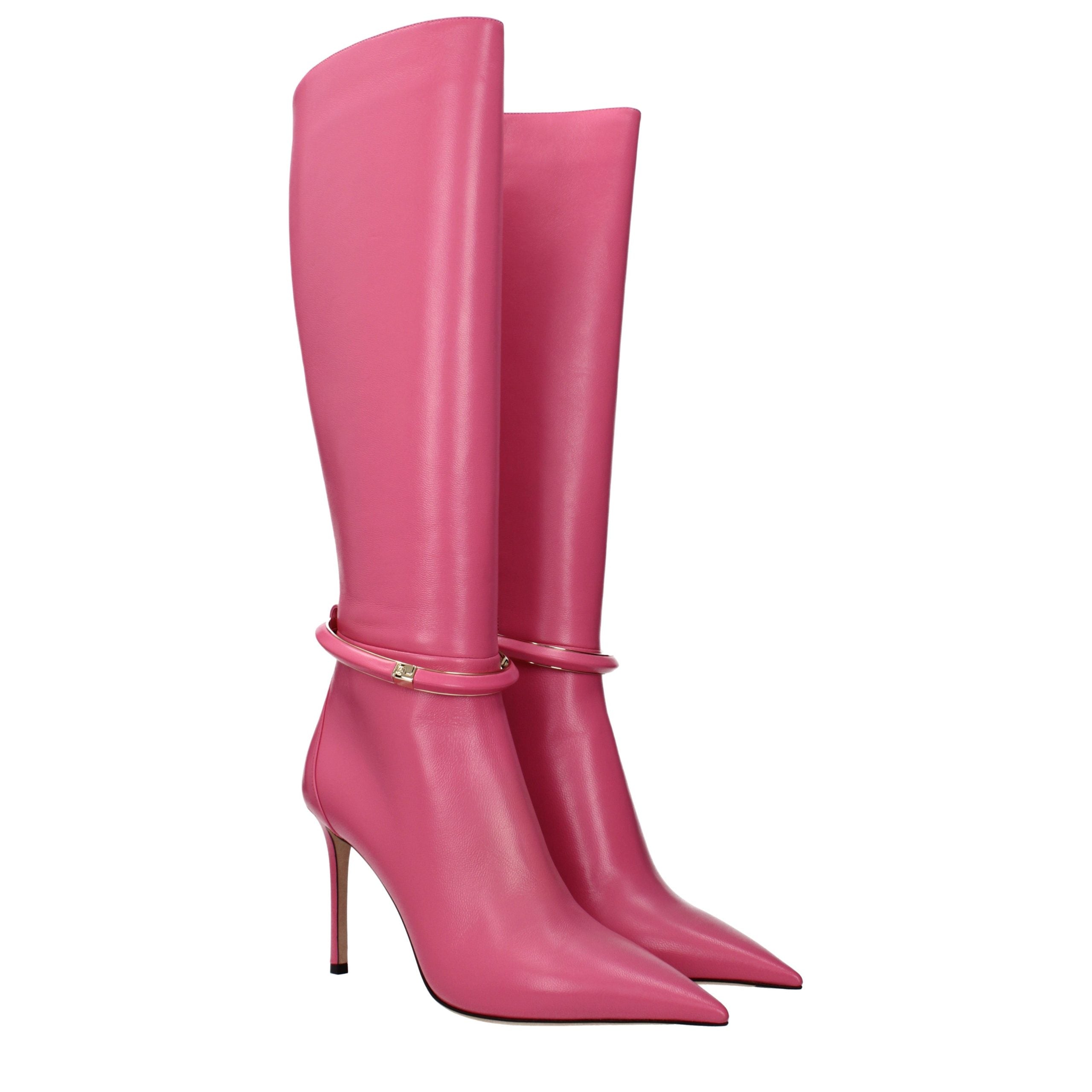 Pink Leather High Heel Boots