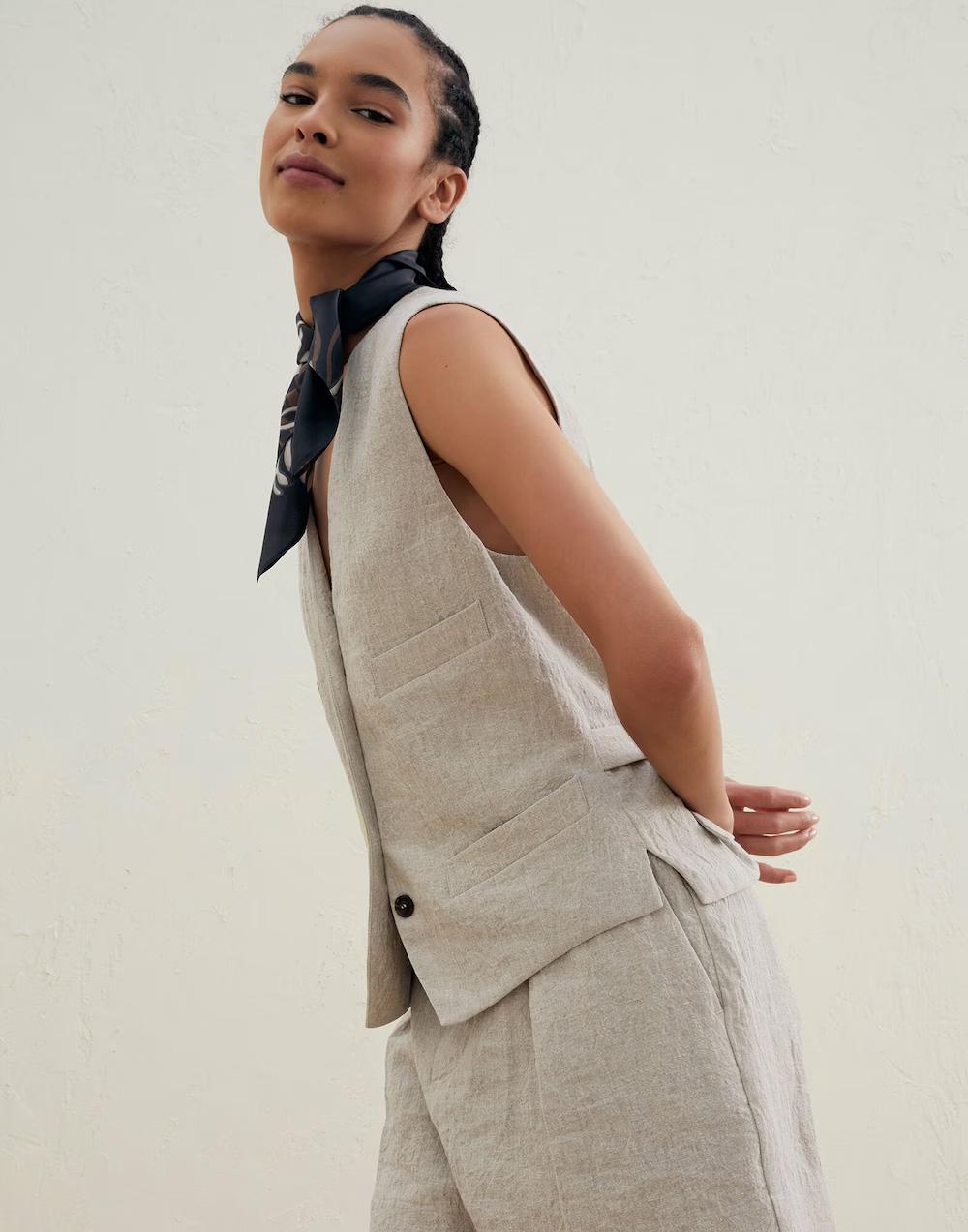 Beige Linen Sleeveless Jacket