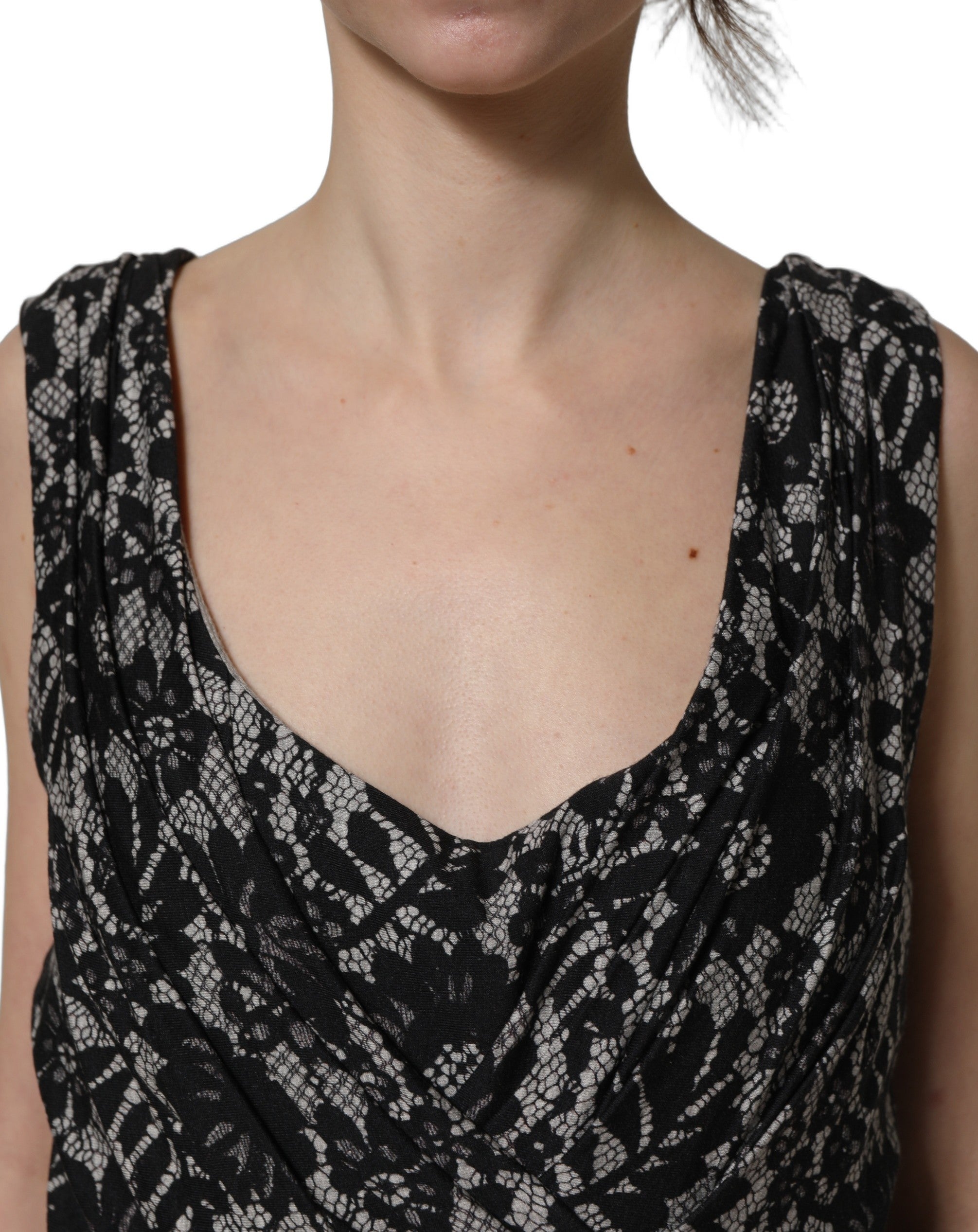 Black White Floral Lace Sleeveless Midi Dress