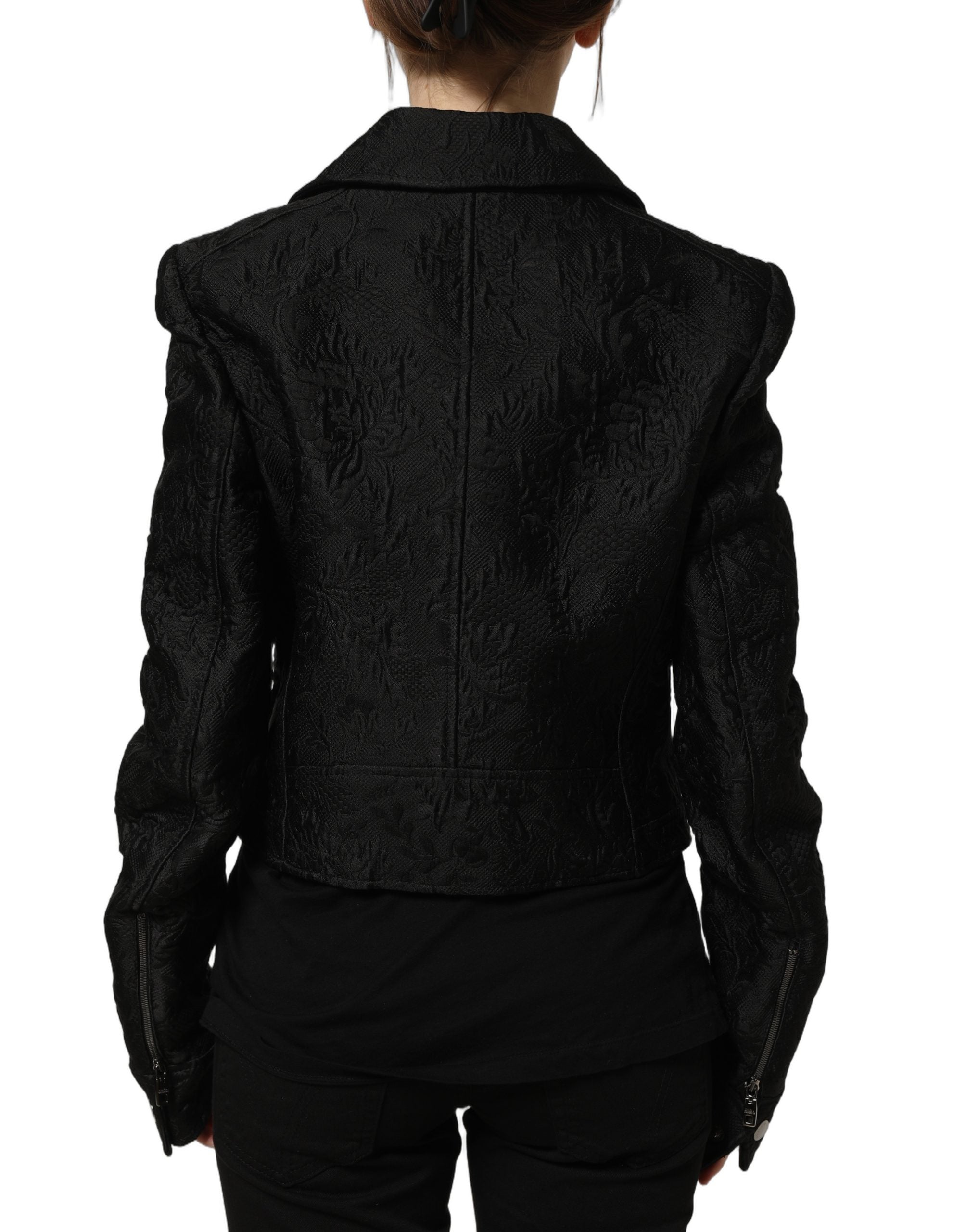 Black Floral Brocade Biker Blouson Jacket