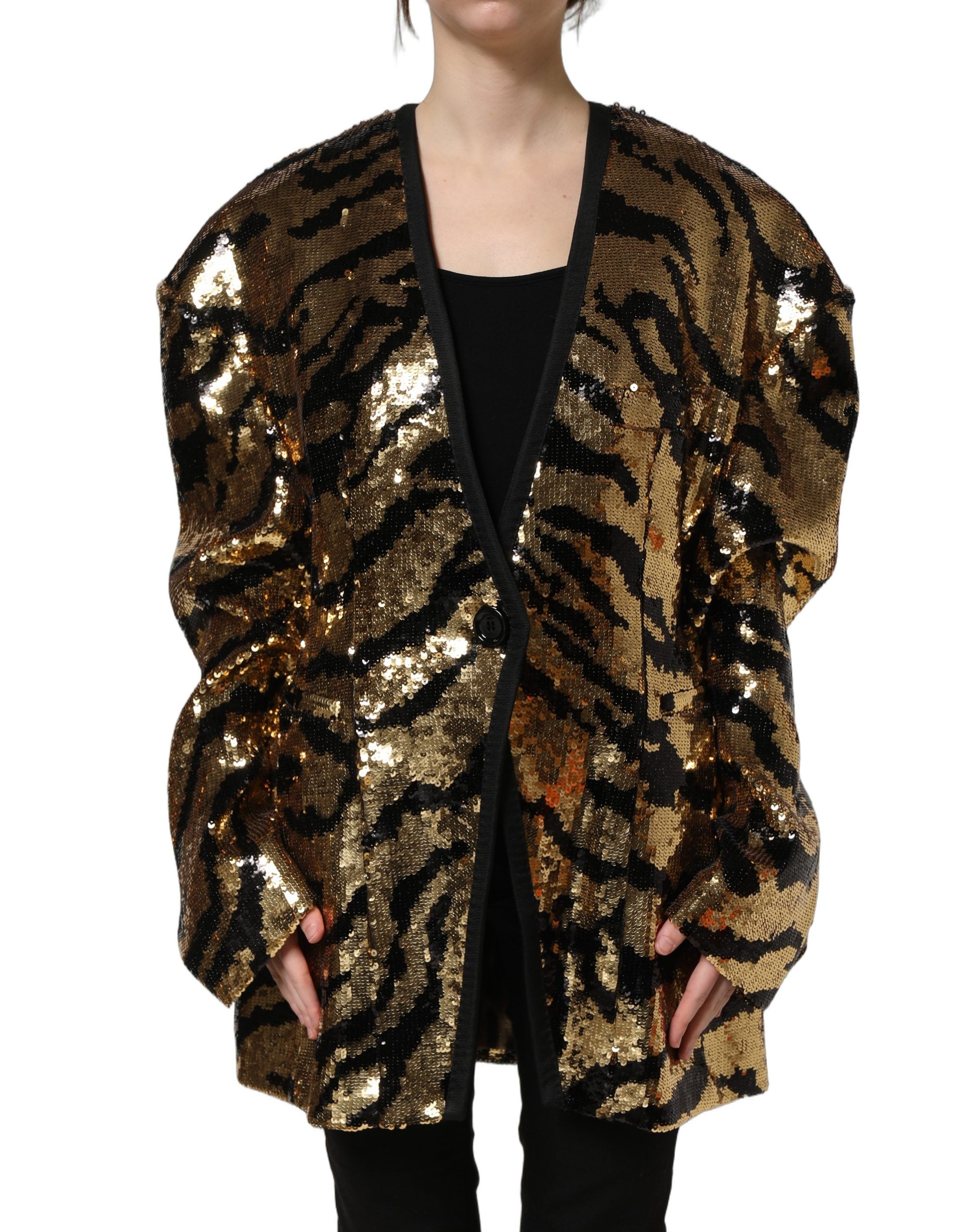 Black Gold Sequin Tiger Stripe Blazer Jacket