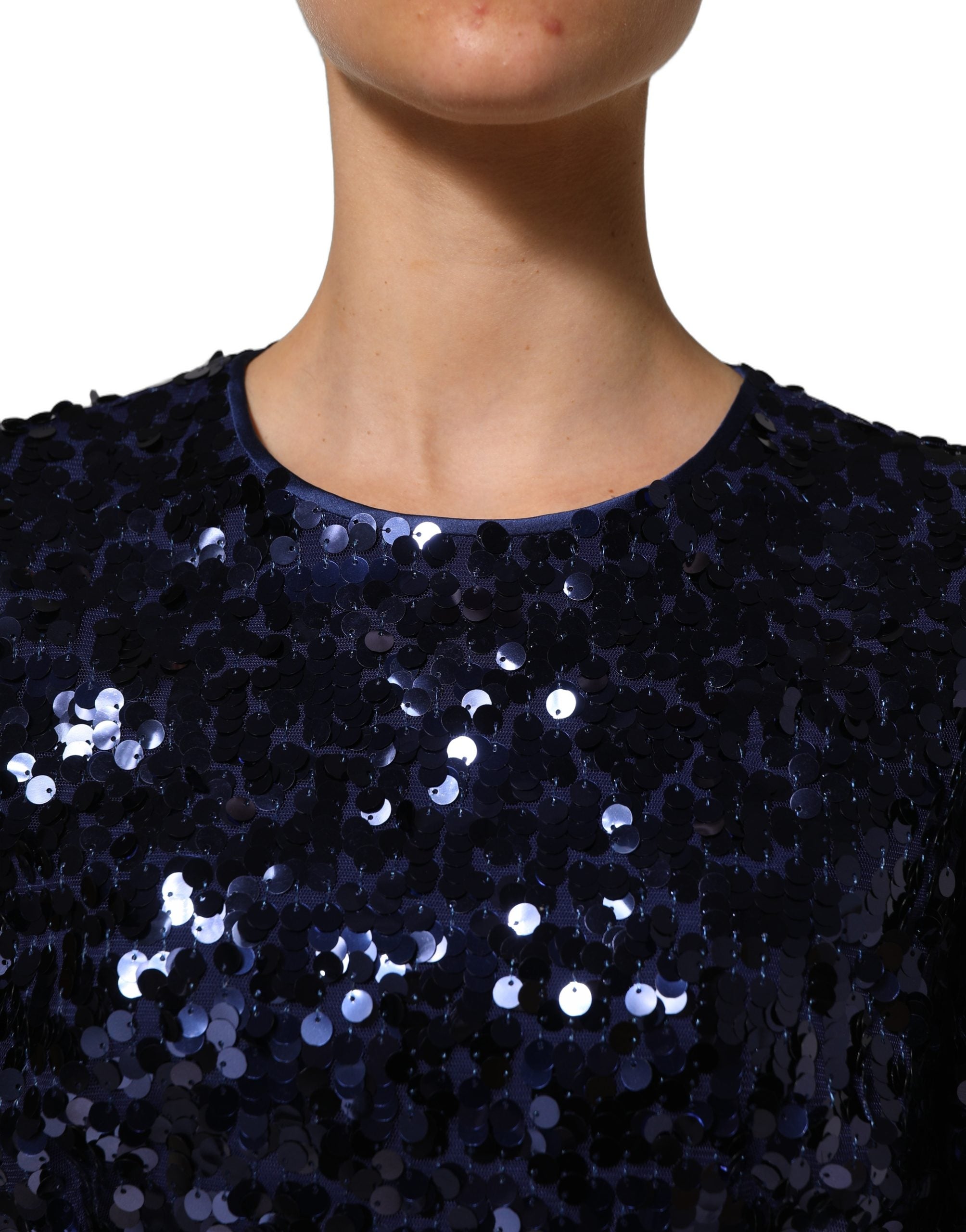Blue Sequined Long Sleeves Crop Blouse Top