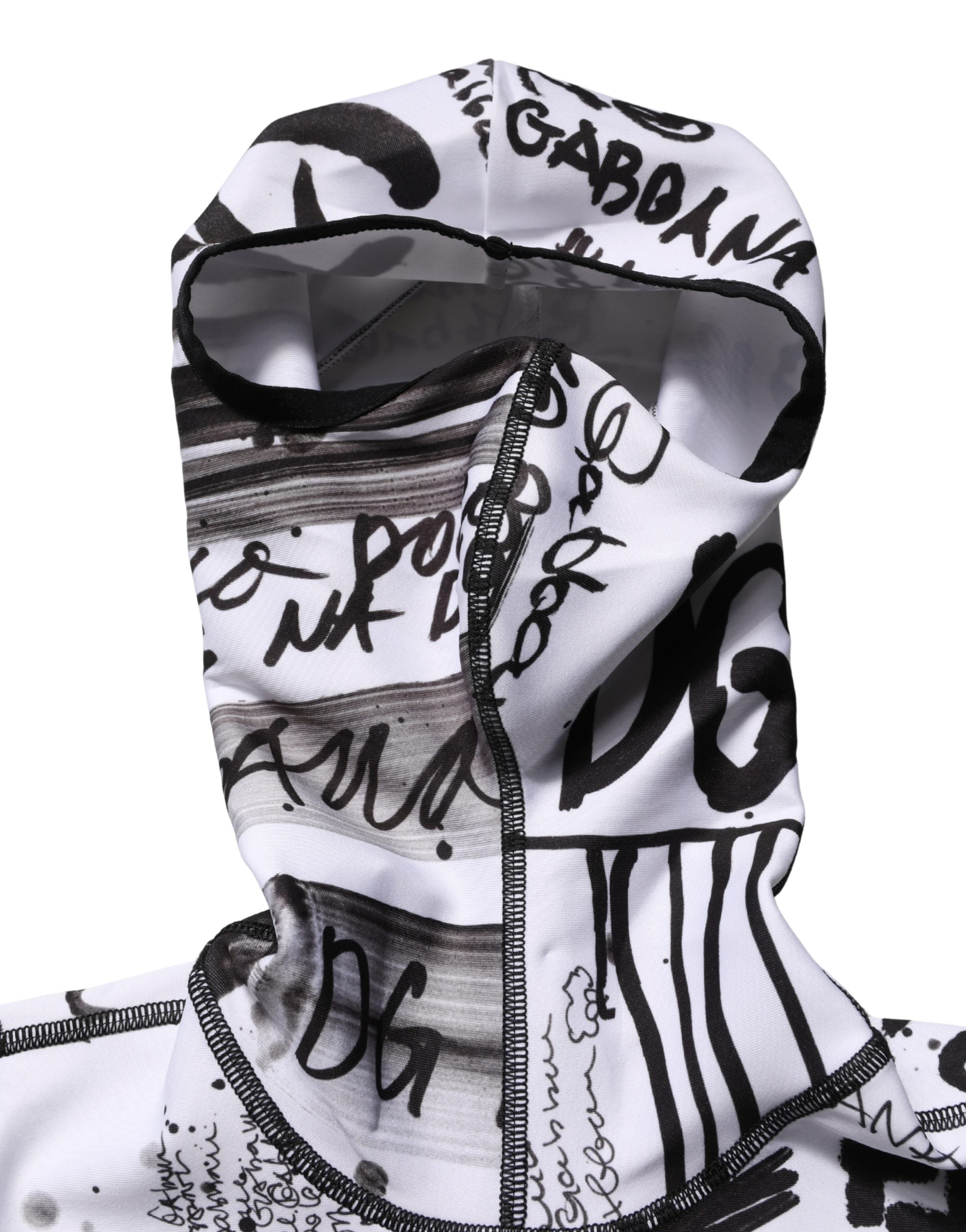 White Jersey Graffiti Print Balaclava Hood Sweater