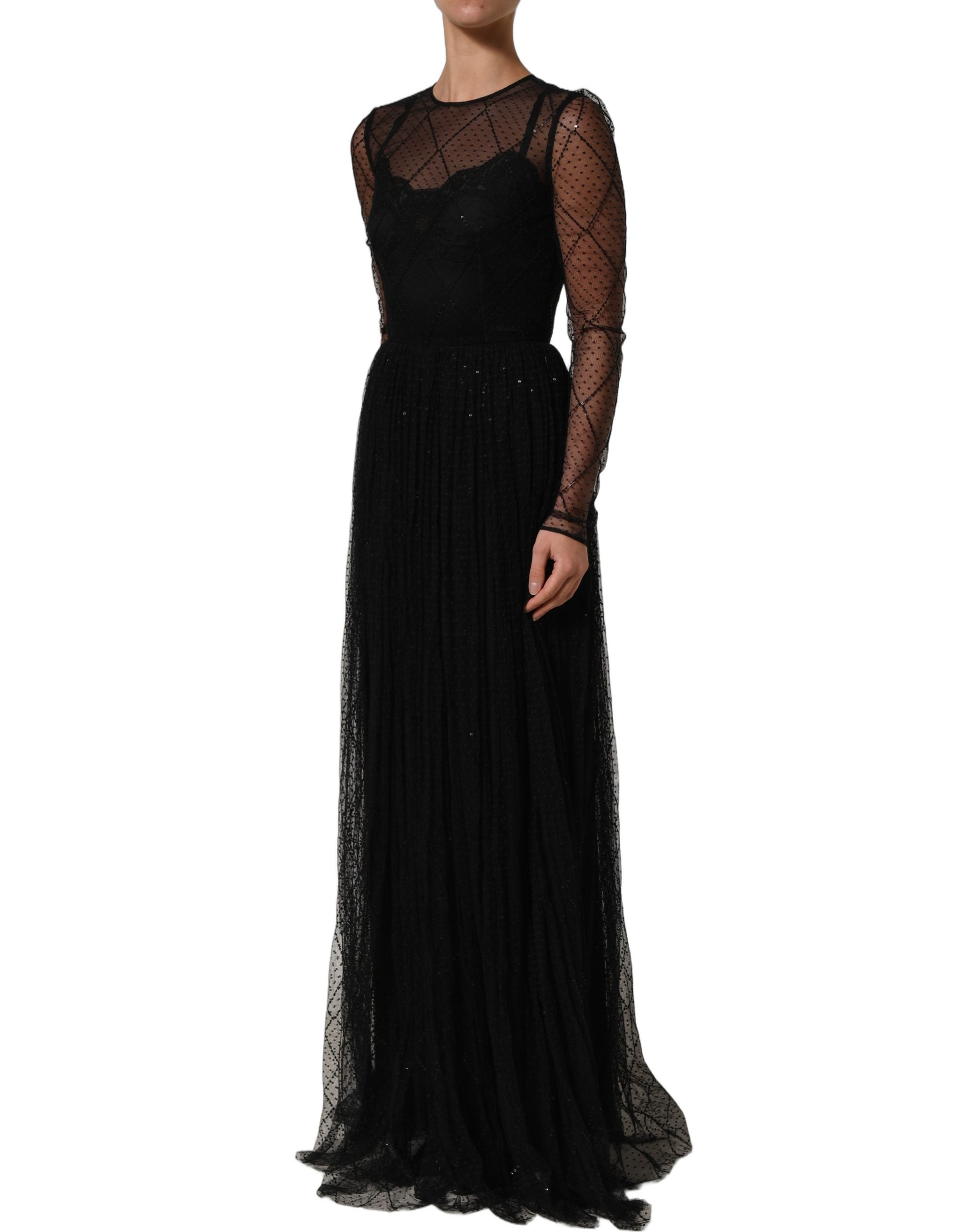 Black Mesh Lace Long Sleeved Maxi Gown Dress