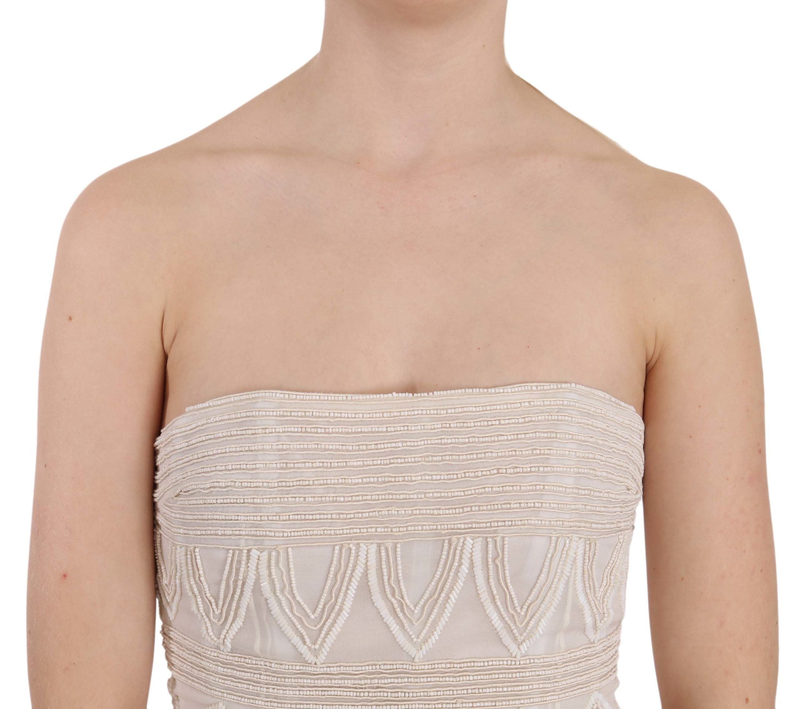 Beige Beaded Silk Short Mini Gown Dress