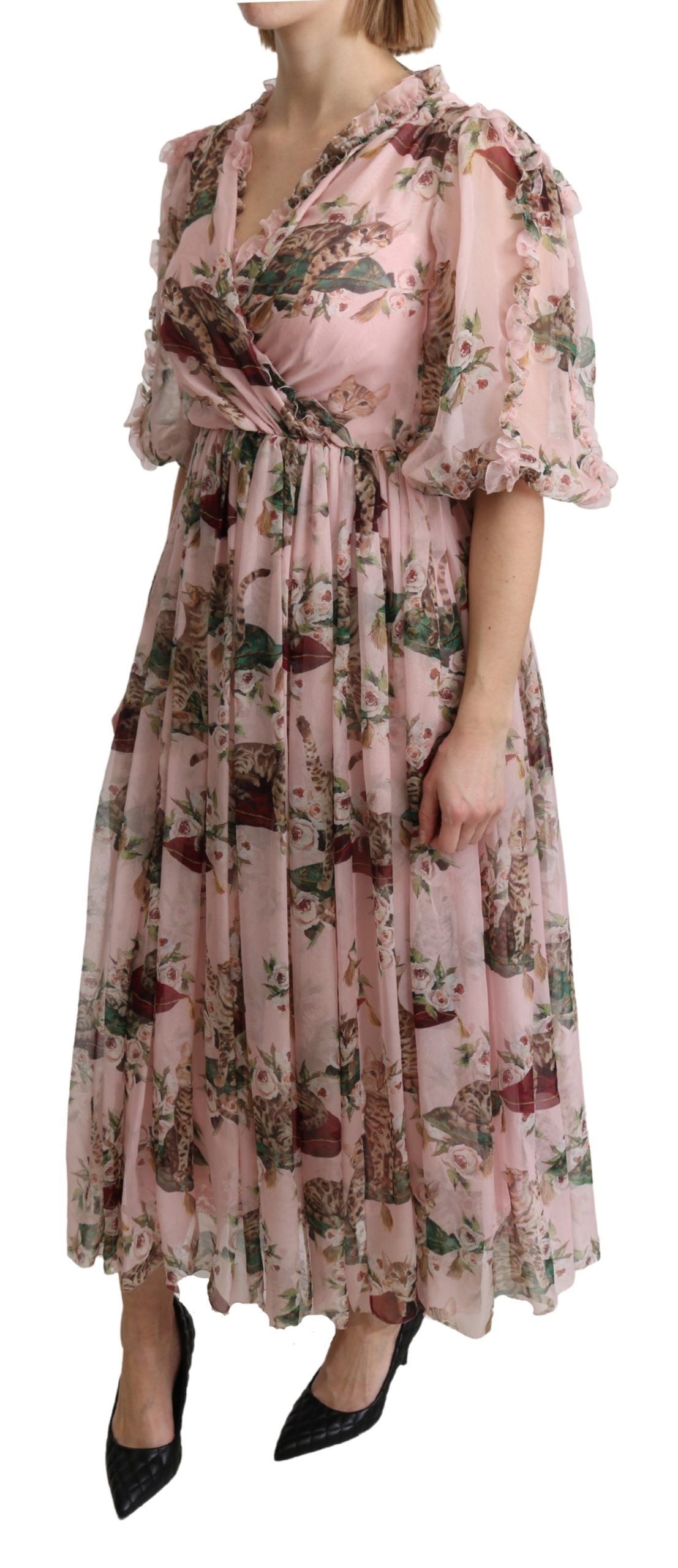 Pink Bengal Cat Print A-line Maxi Silk Dress