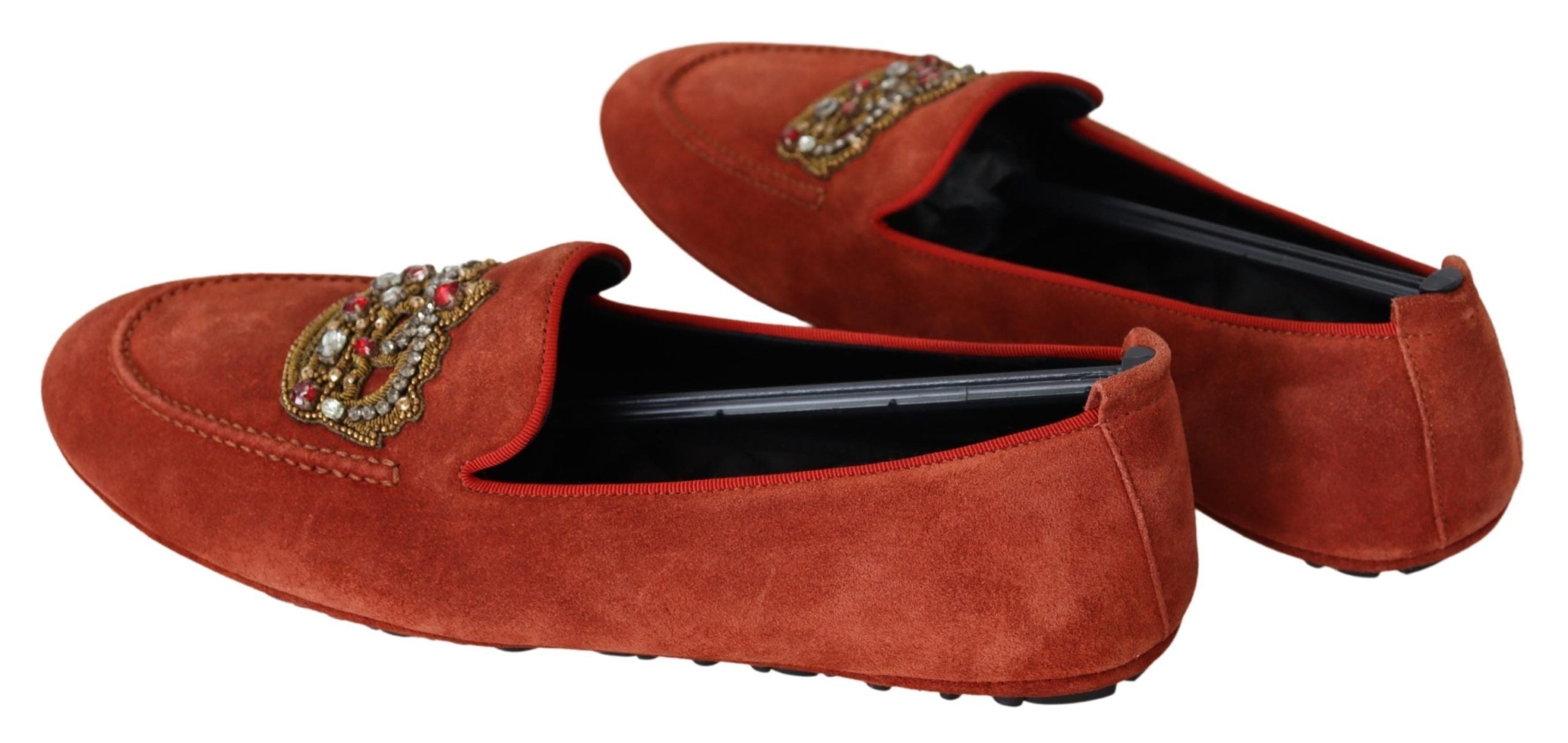 Orange Leather Crystal Crown Loafers Shoes
