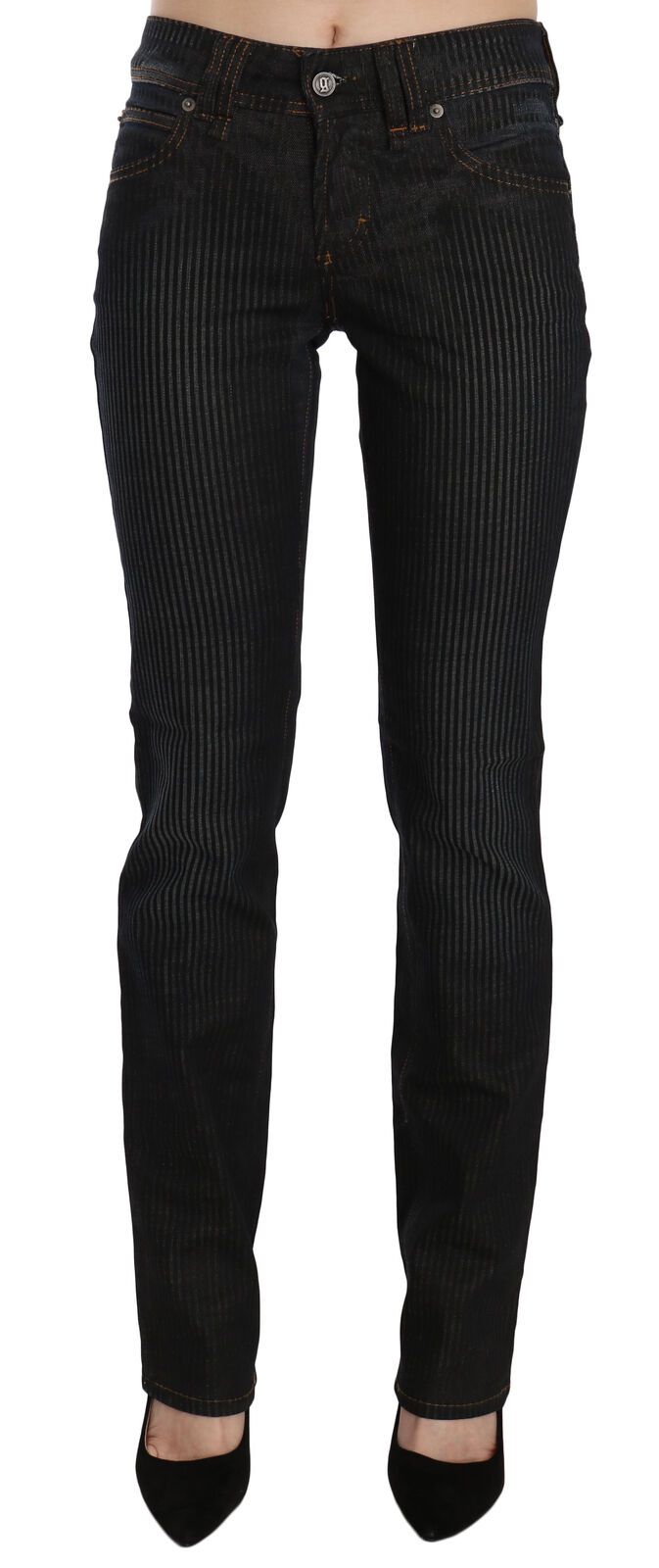 Blugi eleganți John Galliano negri, croială slim fit, din catifea reiată