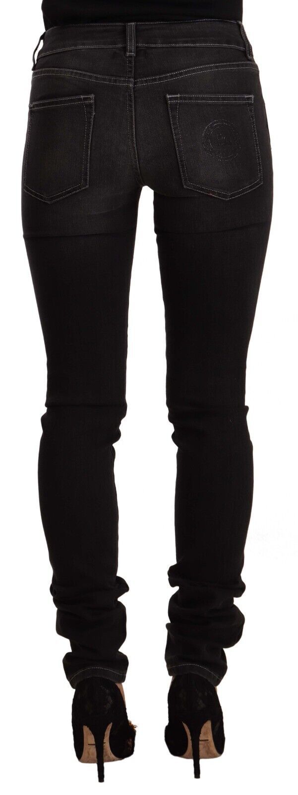 Black Washed Mid Waist Cotton Skinny Slim Fit Jeans