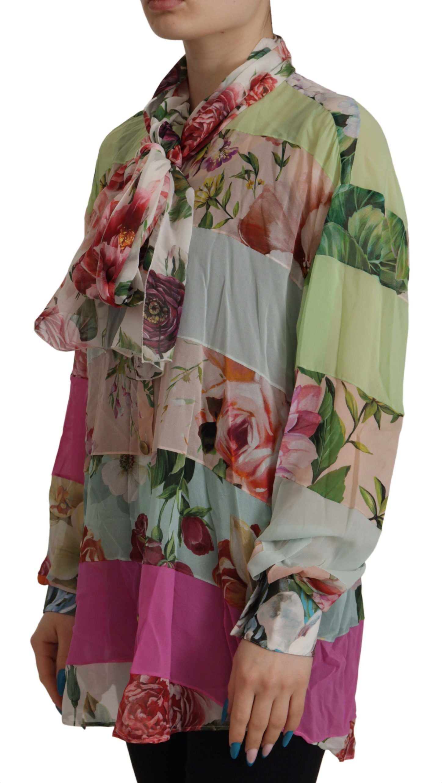 Multicolor Floral Patchwork Design Ascot Collar Top Blouse