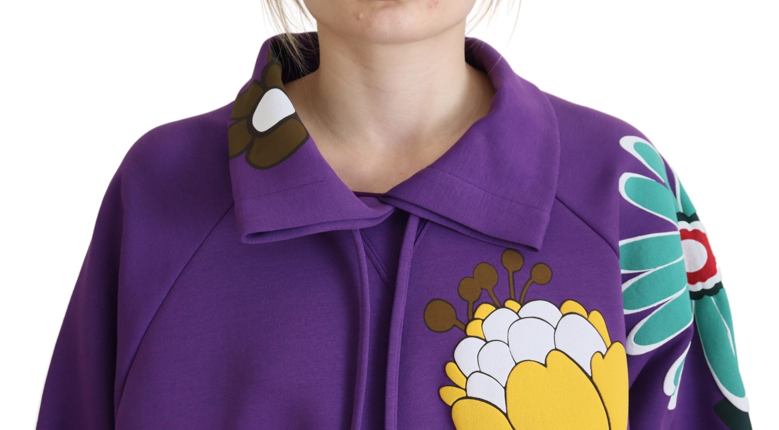 Purple Floral Print Pullover Cotton Sweater