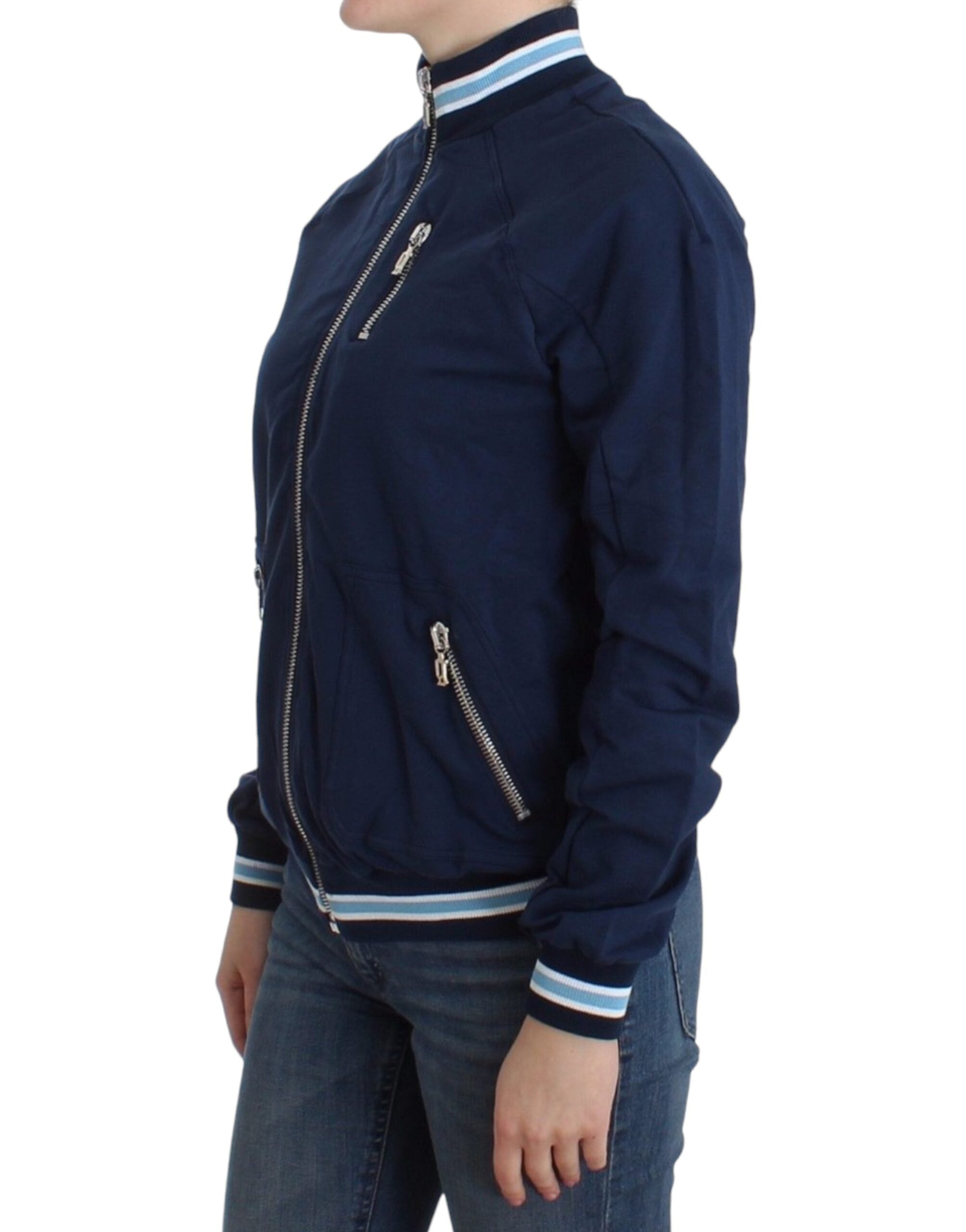 Cardigan albastru elegant cu fermoar și logo John Galliano