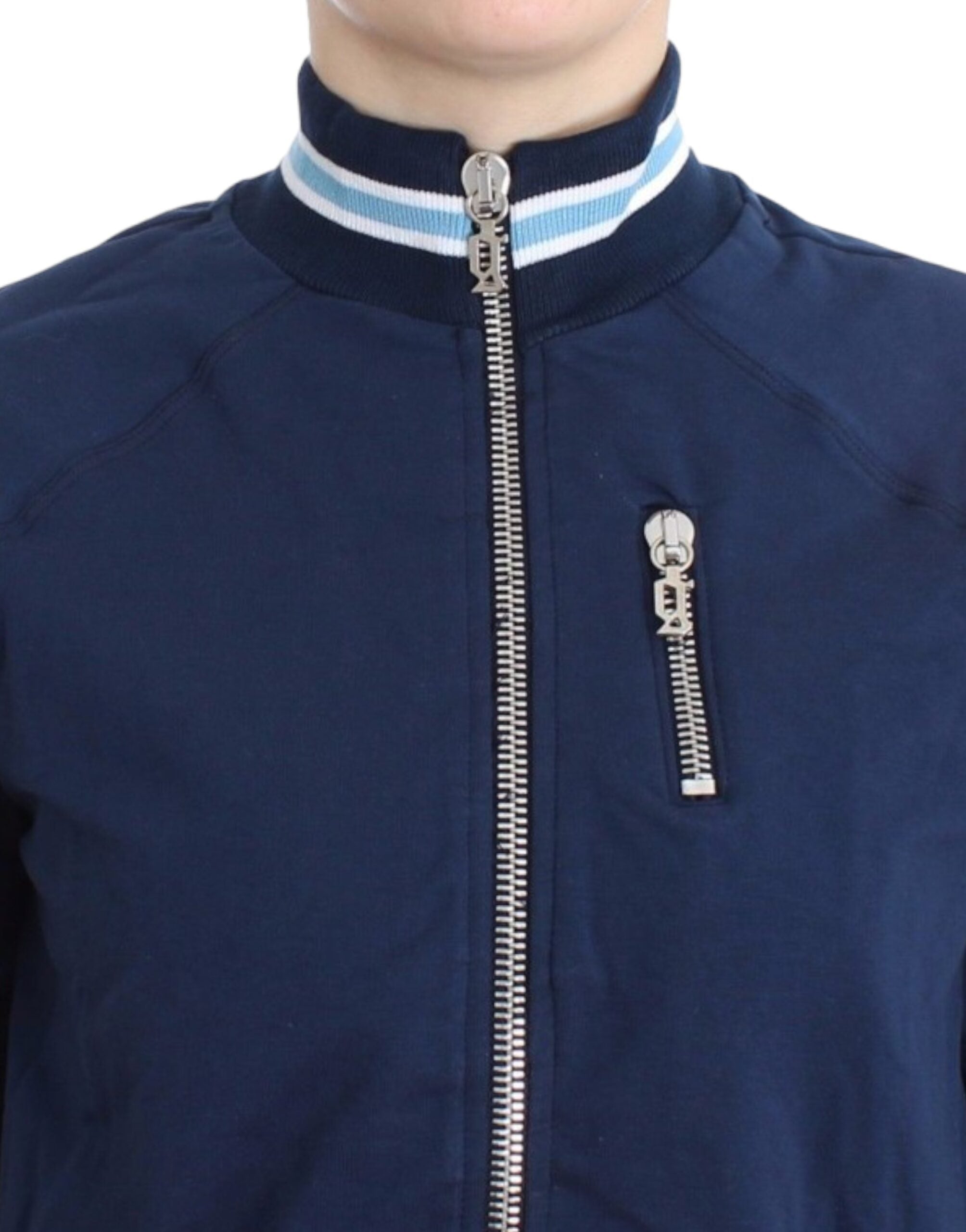 Cardigan albastru elegant cu fermoar și logo John Galliano