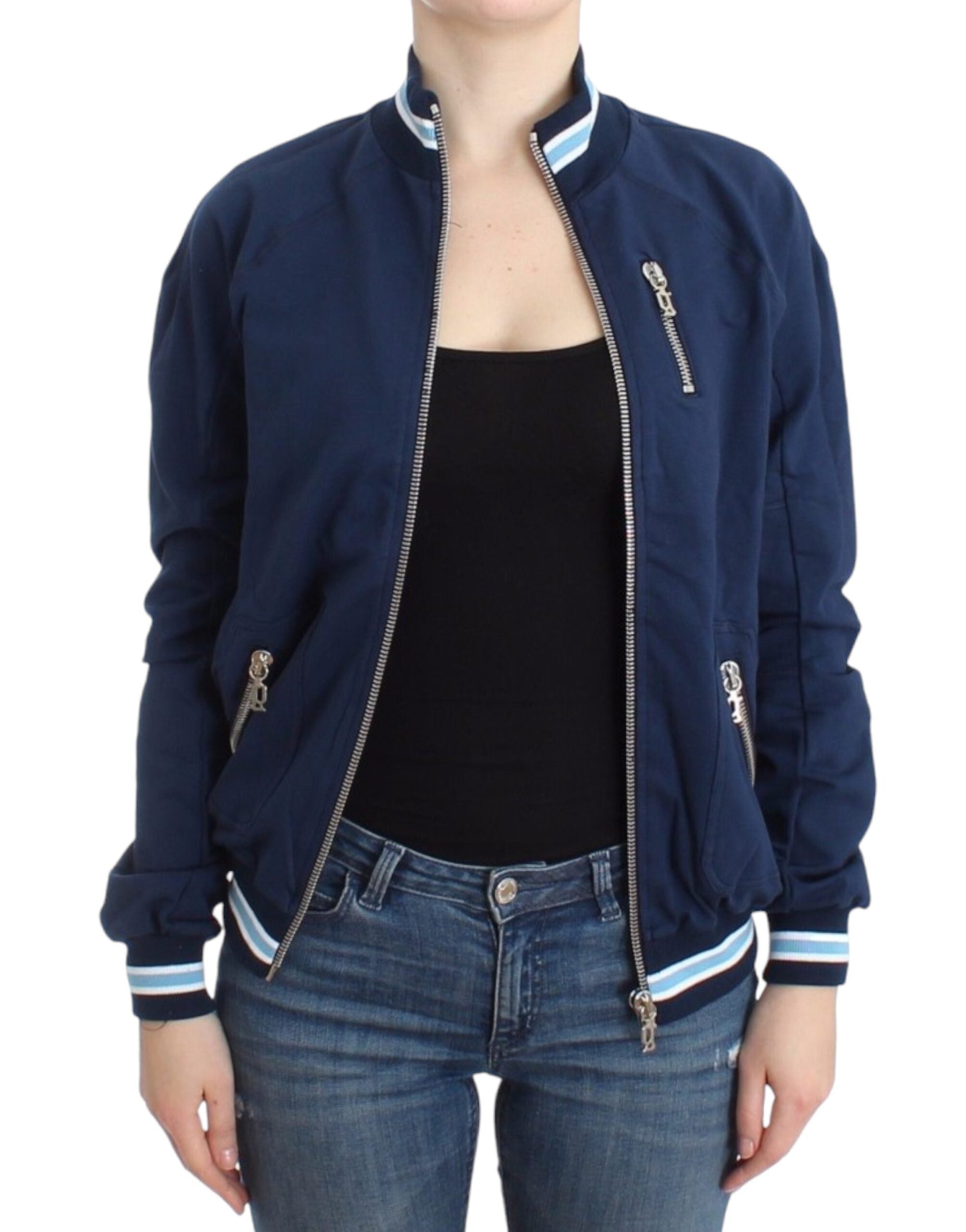 Cardigan albastru elegant cu fermoar și logo John Galliano