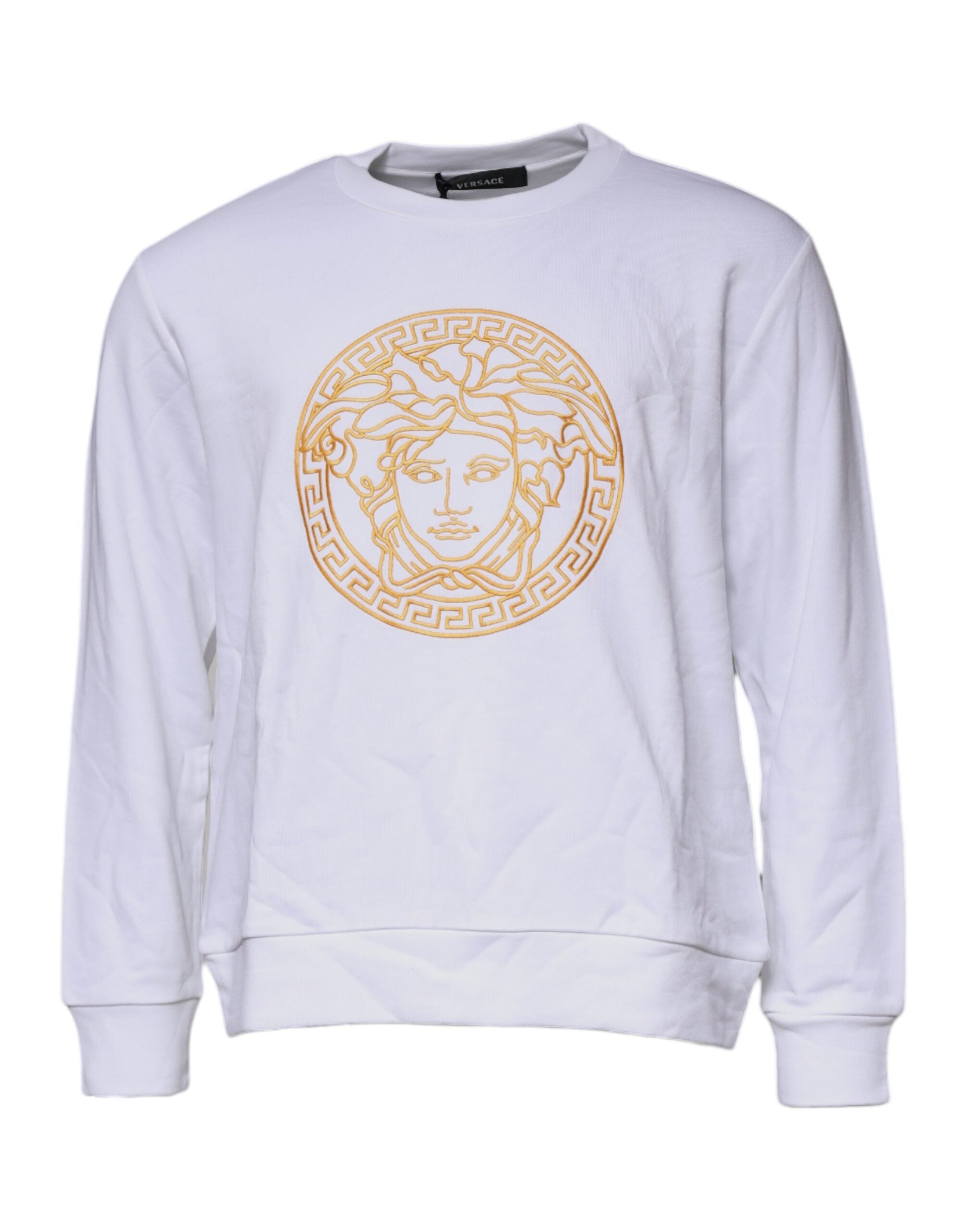 Pulover Versace alb cu broderie Medusa și guler rotund