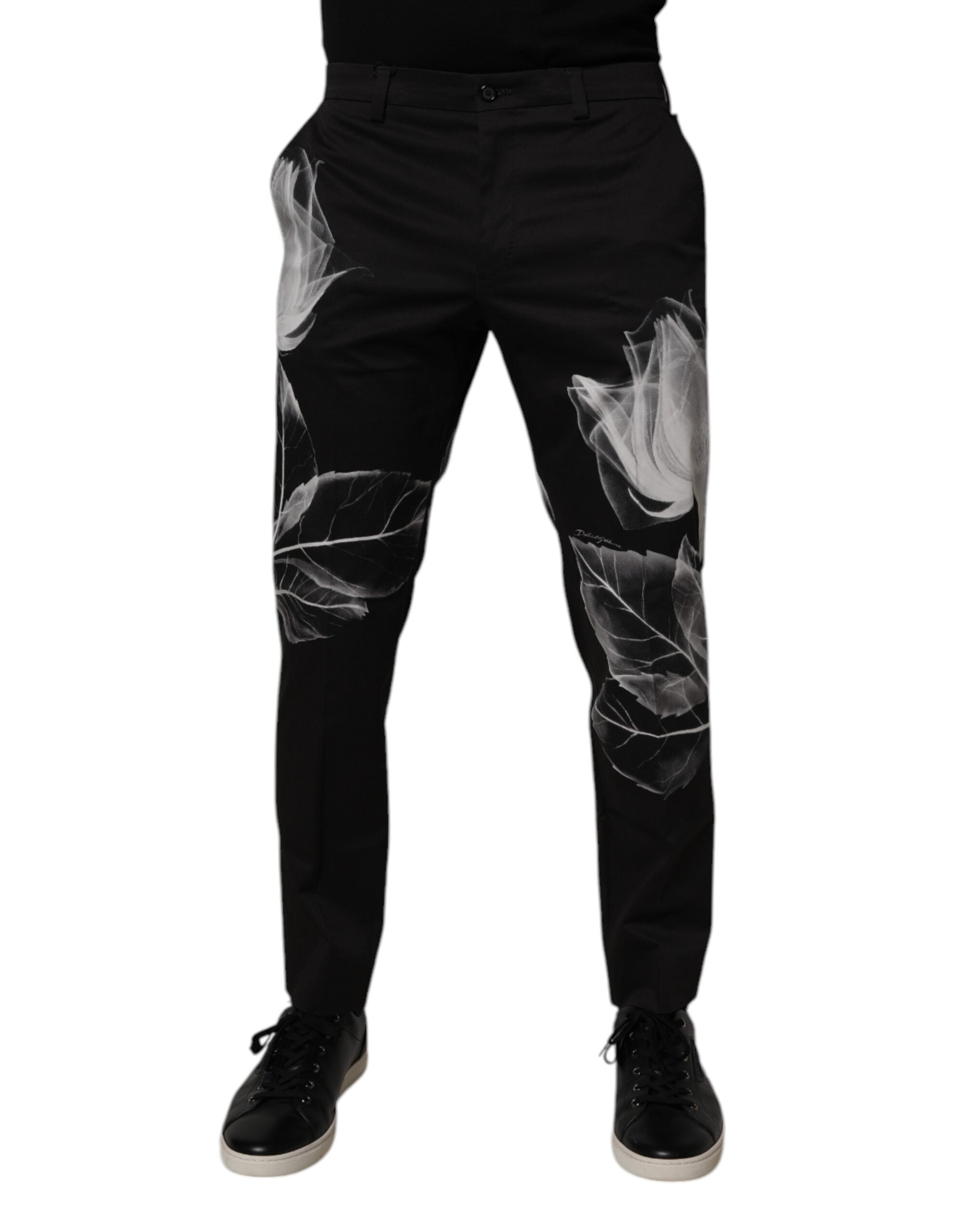 Black Cotton Floral Skinny Dress Pants