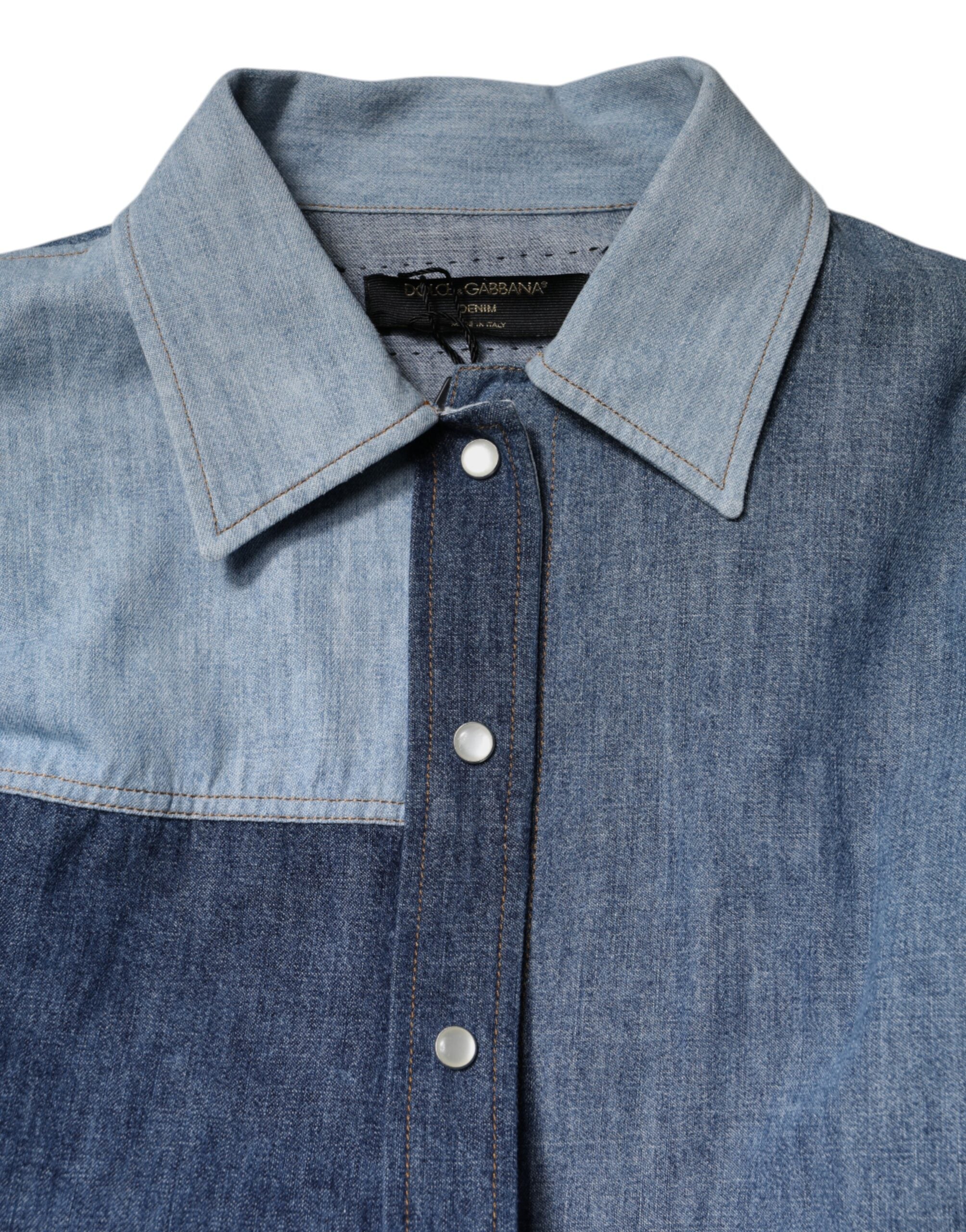 Blue Cotton Button Up Collared Long Sleeve Top
