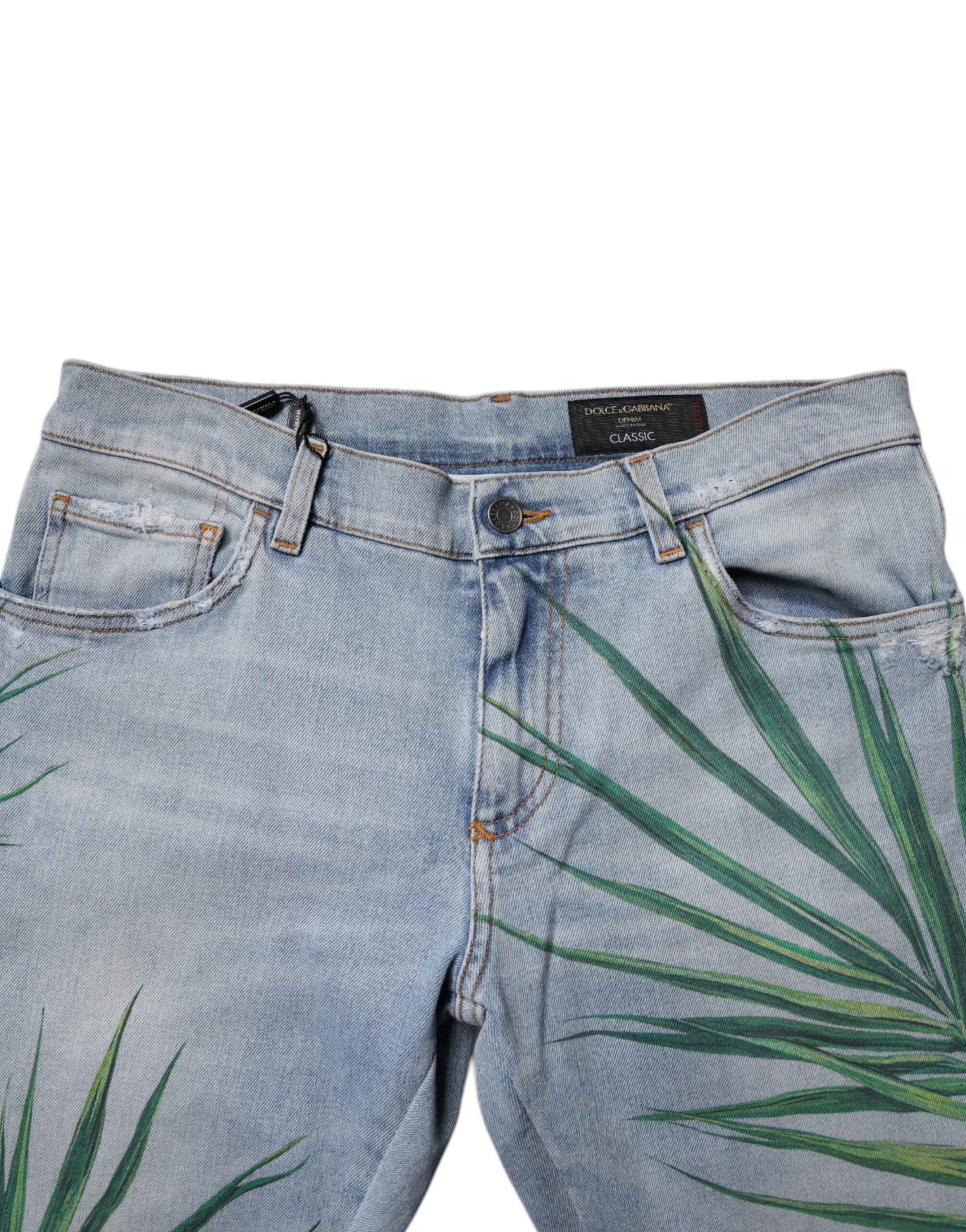 Light Blue Leaf Cotton Classic Men Denim Jeans