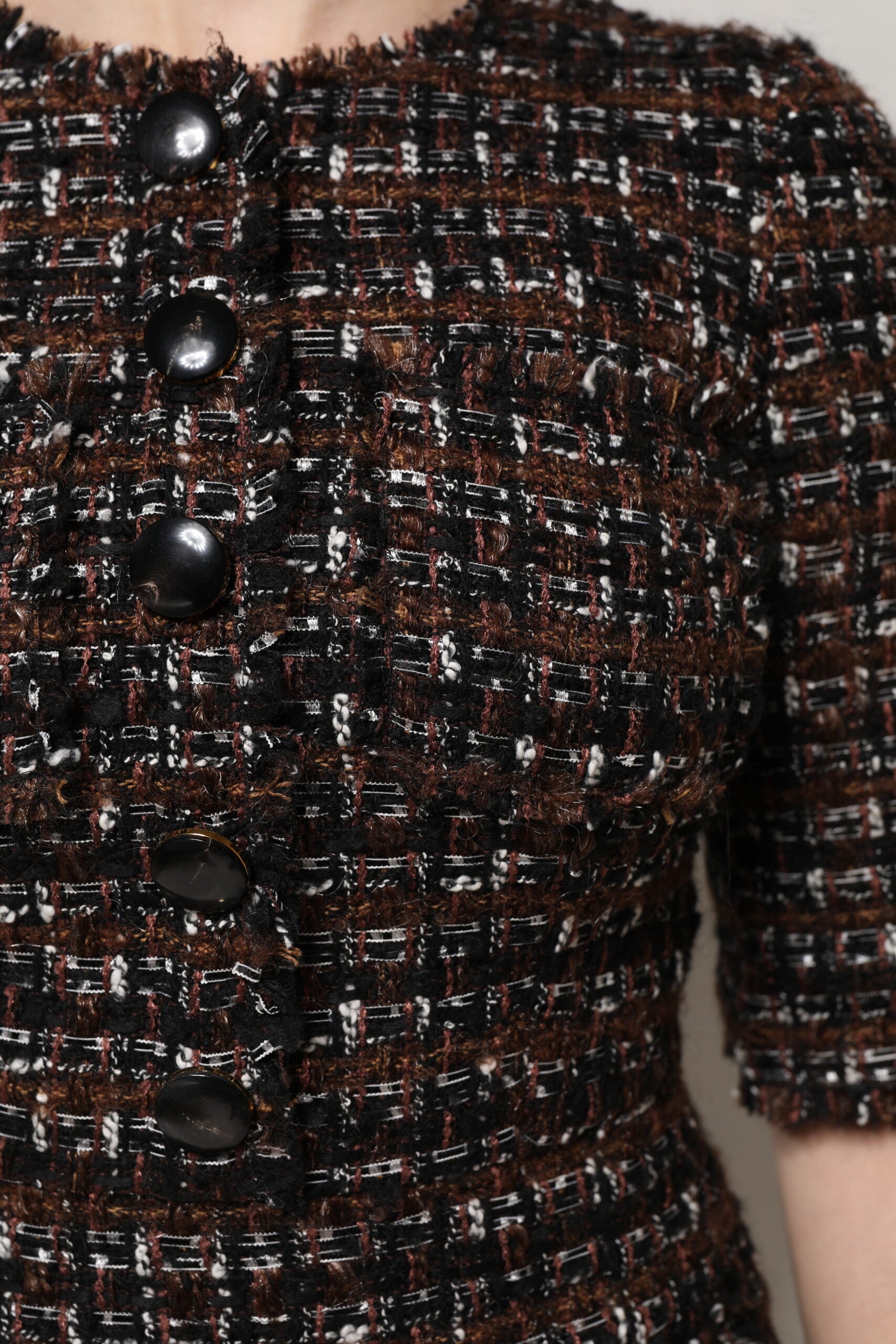 Brown Tweed Short Sleeves A-line Mini Dress