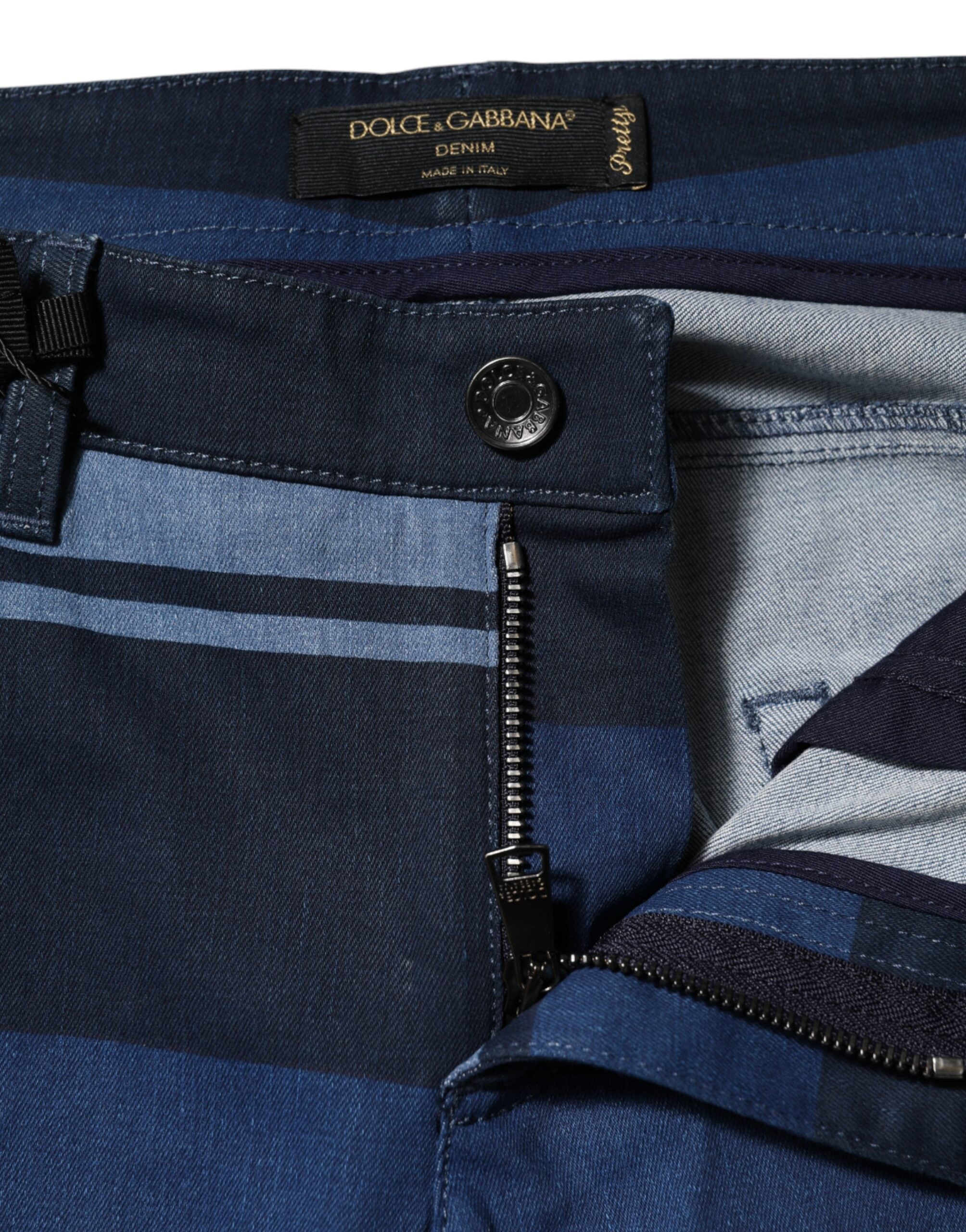 Blue Striped Cotton Stretch Denim Jeans