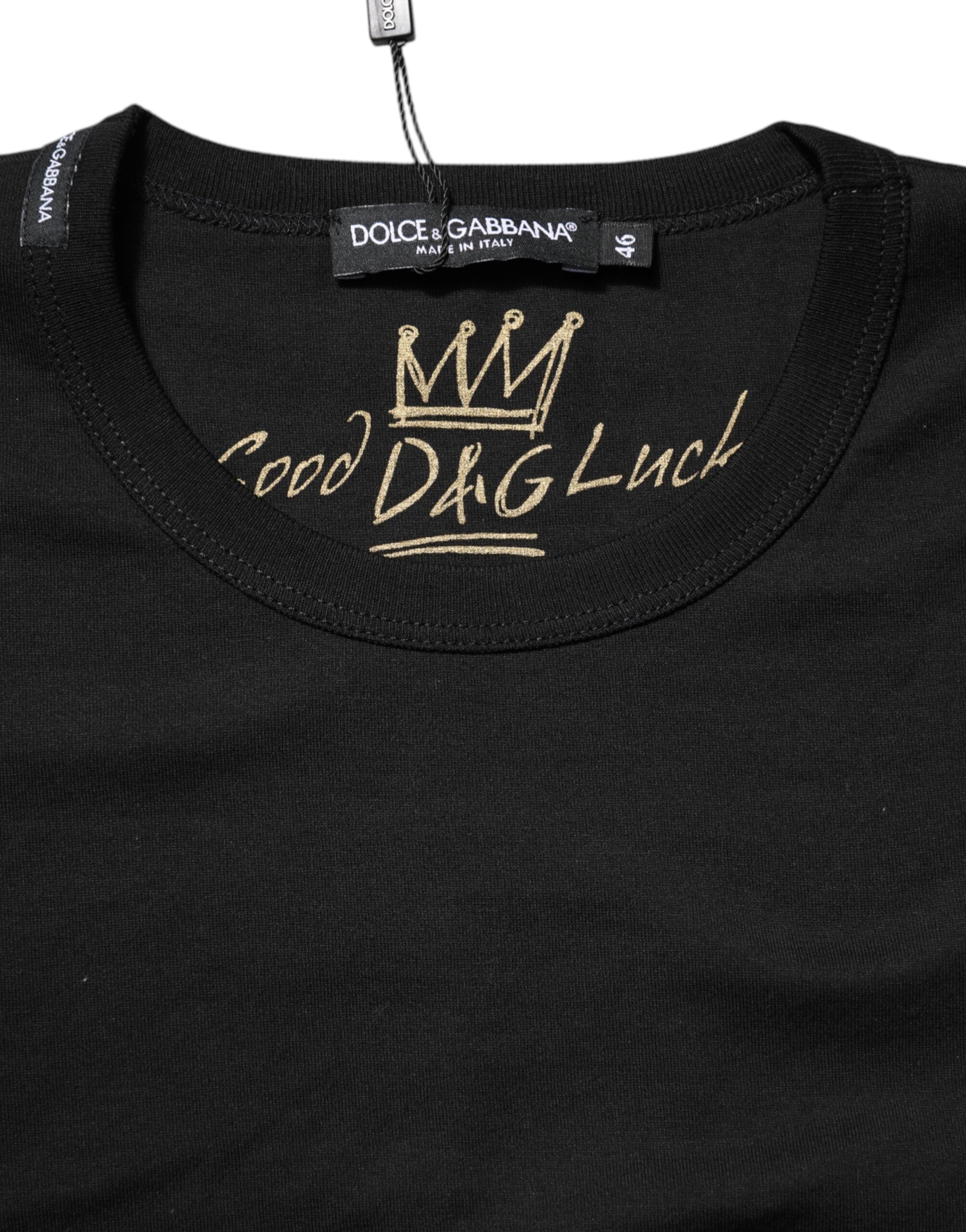 Black Cotton Goodluck Tee Crew Neck T-shirt