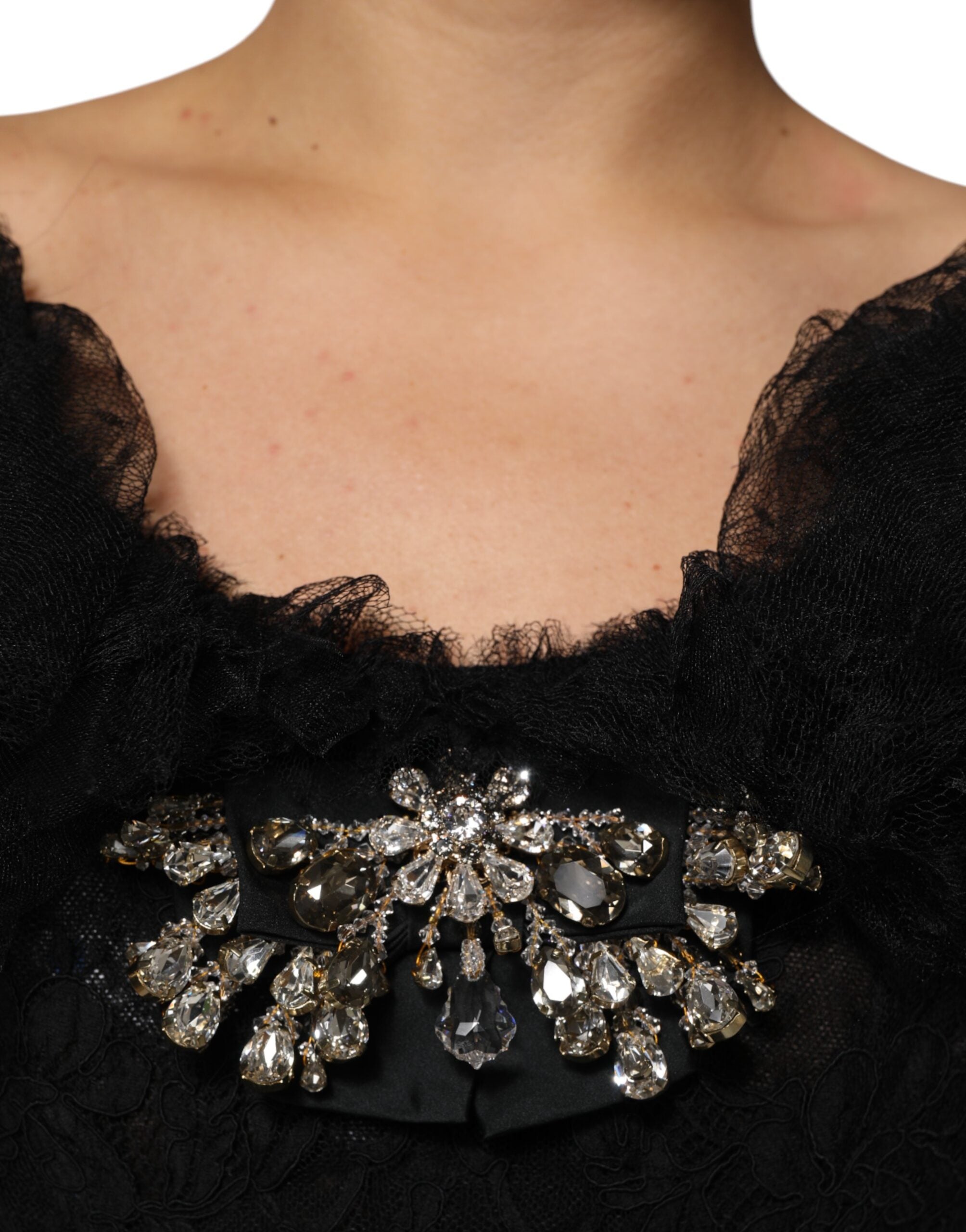 Black Crystal Embellished Midi A-line Dress