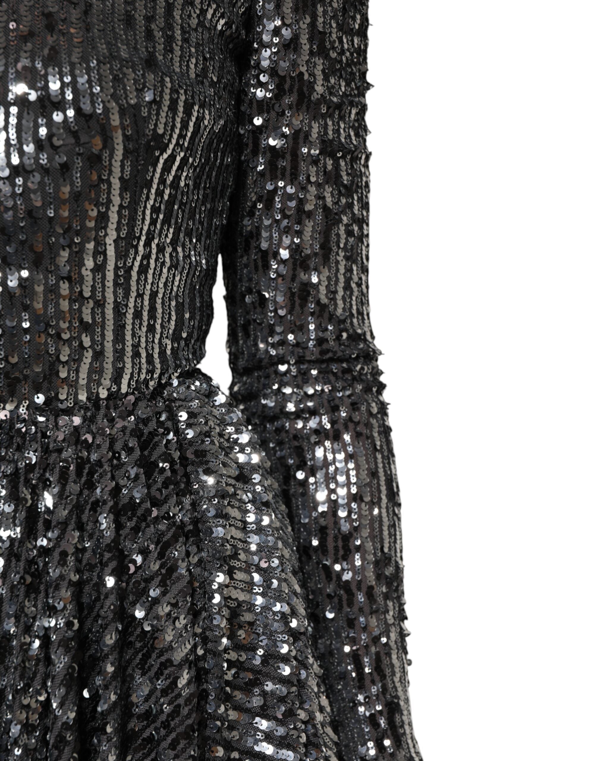 Black Sequined Long Sleeves Midi A-line Dress