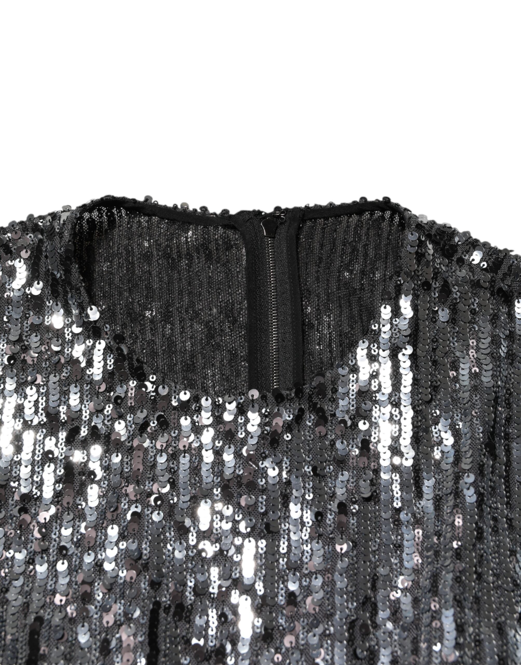 Black Sequined Long Sleeves Midi A-line Dress