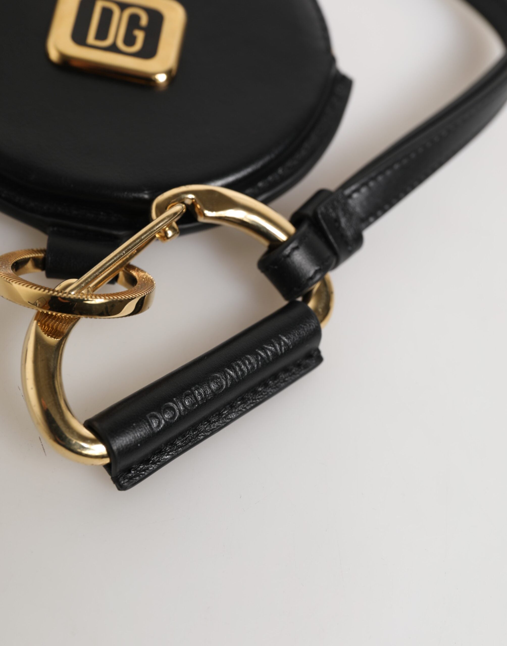 Black Round Leather DG Logo Coin Purse Lanyard Wallet