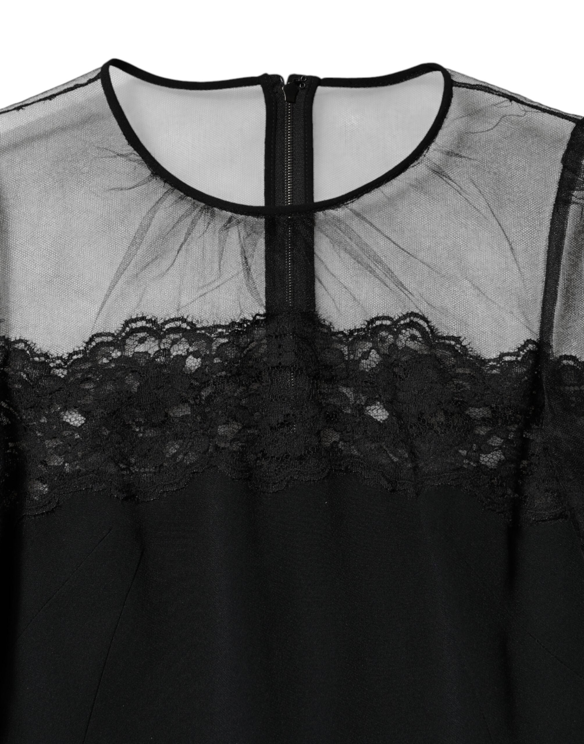 Black Lace Trim Nylon Tulle SheathMidi Dress