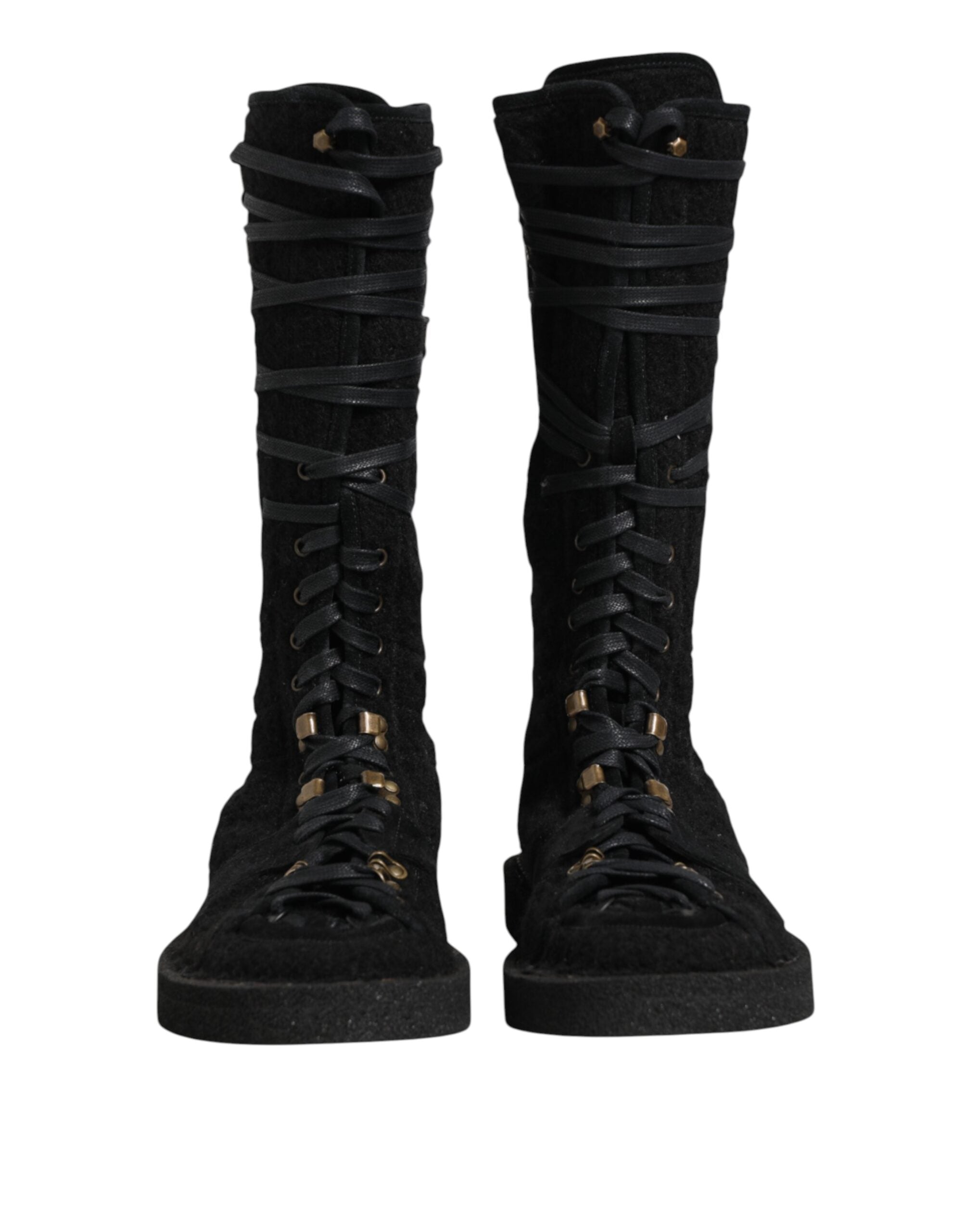 Black Alpaca Wool Suede Mid Calf Boots Shoes