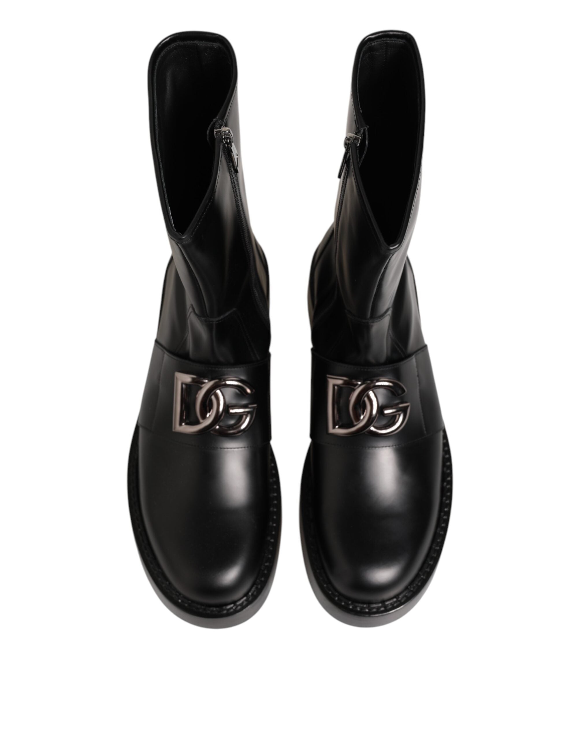 Black Logo Plaque Mid Calf Biker Boots Shoes