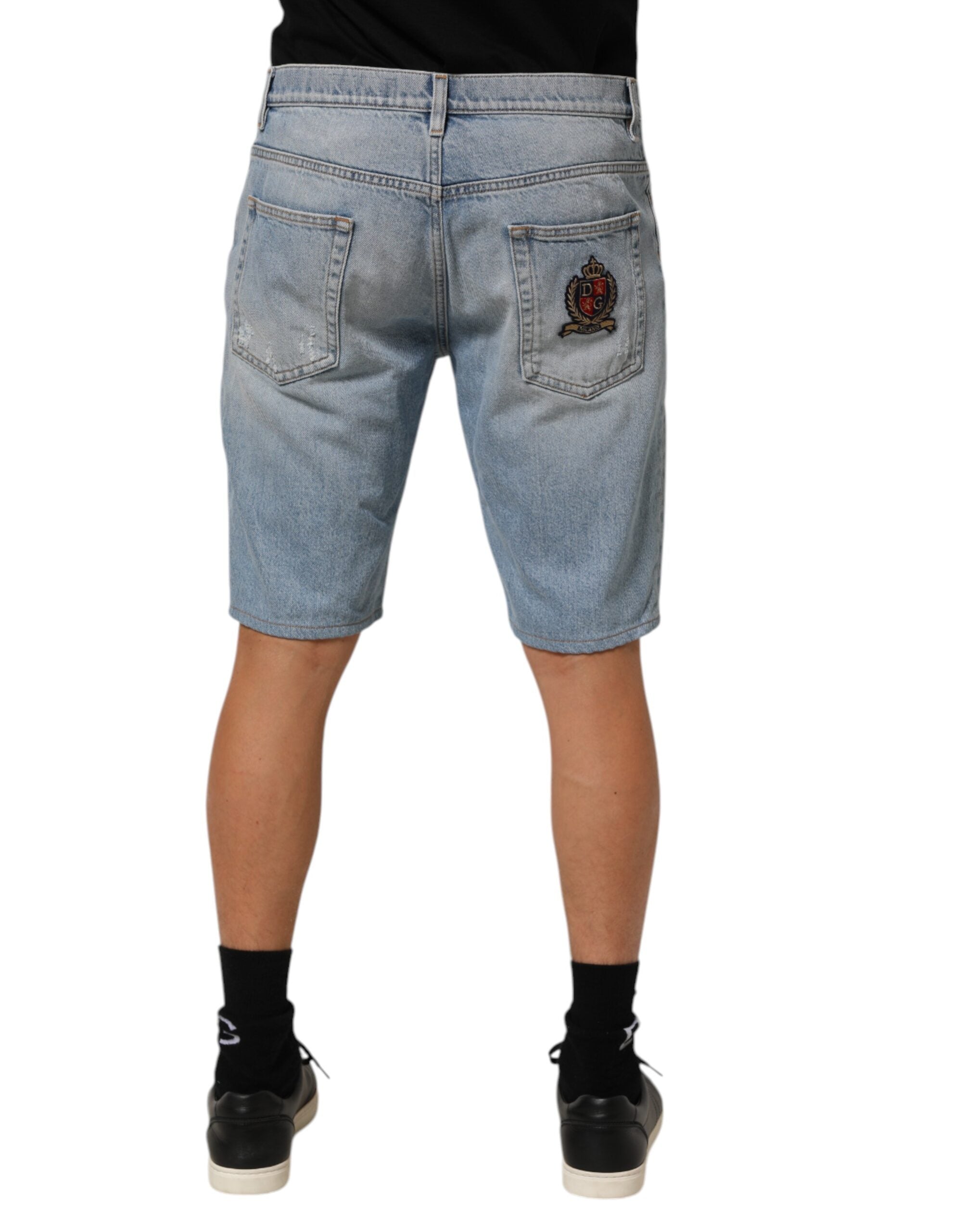 Blue Cotton Distressed Denim Bermuda Shorts