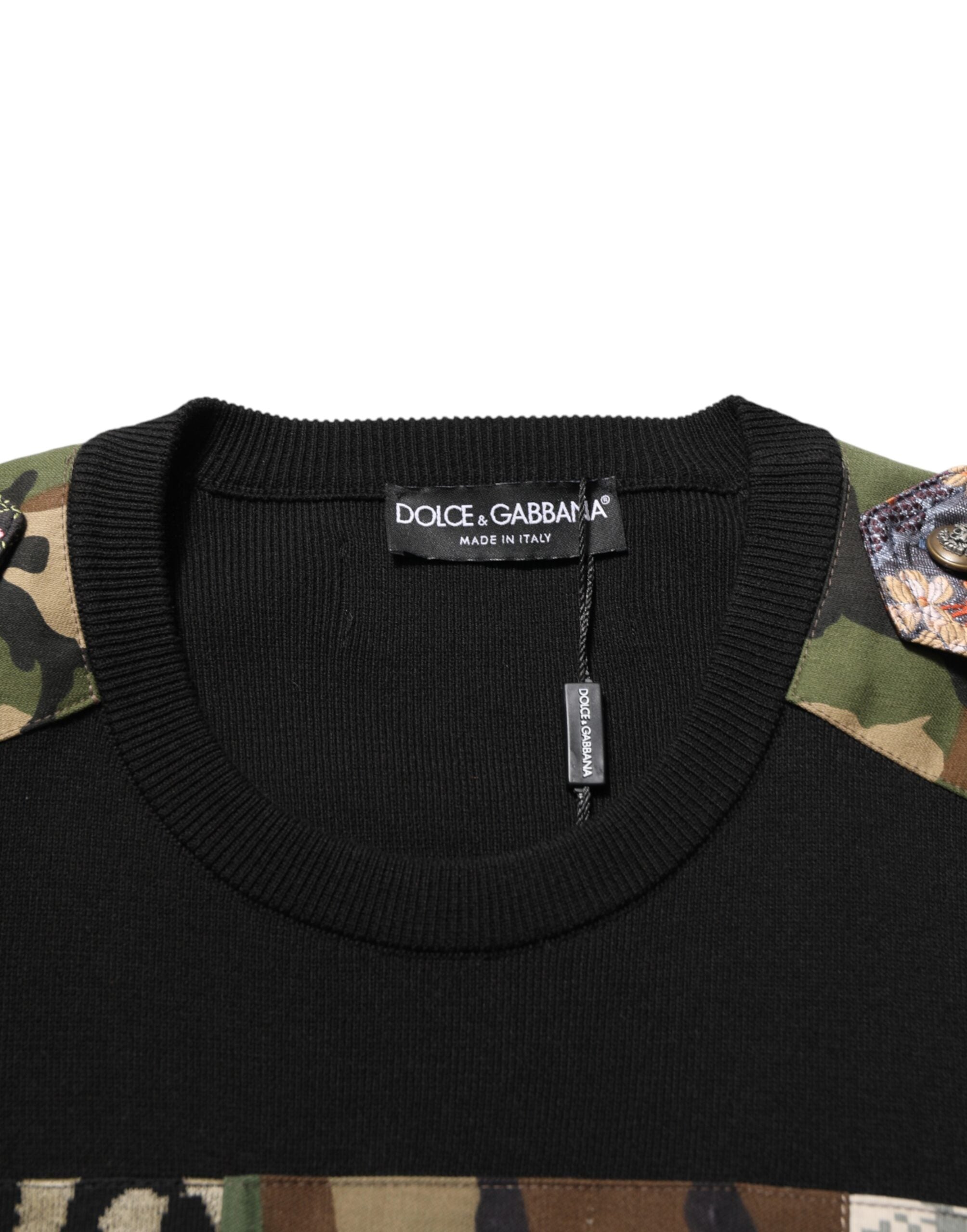 Black Patchwork Crew Neck Pullover Sweater