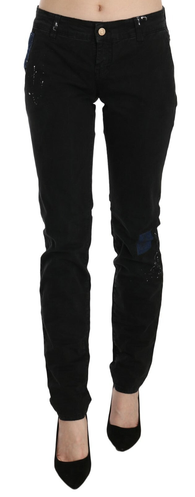Black Low Waist White Paint Skinny Denim Pants Jeans