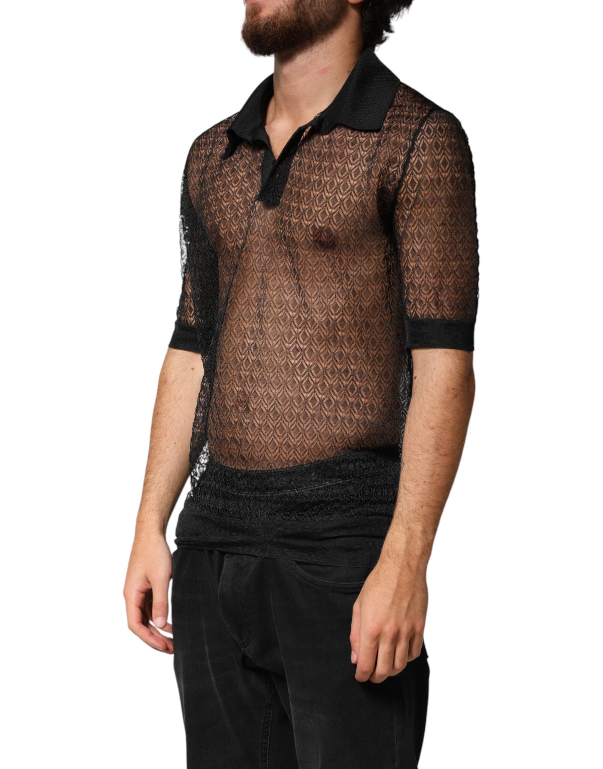 Black Sheer Short Sleeves Casual Polo Top